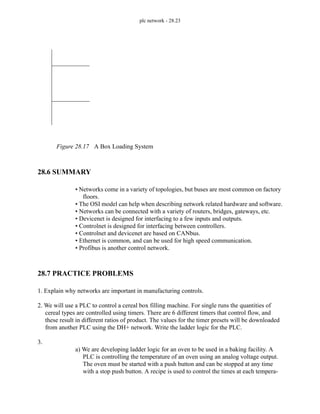 plc network - 28.23
Figure 28.17 A Box Loading System
28.6 SUMMARY
• Networks come in a variety of topologies, but buses are most common on factory
floors.
• The OSI model can help when describing network related hardware and software.
• Networks can be connected with a variety of routers, bridges, gateways, etc.
• Devicenet is designed for interfacing to a few inputs and outputs.
• Controlnet is designed for interfacing between controllers.
• Controlnet and devicenet are based on CANbus.
• Ethernet is common, and can be used for high speed communication.
• Profibus is another control network.
28.7 PRACTICE PROBLEMS
1. Explain why networks are important in manufacturing controls.
2. We will use a PLC to control a cereal box filling machine. For single runs the quantities of
cereal types are controlled using timers. There are 6 different timers that control flow, and
these result in different ratios of product. The values for the timer presets will be downloaded
from another PLC using the DH+ network. Write the ladder logic for the PLC.
3.
a) We are developing ladder logic for an oven to be used in a baking facility. A
PLC is controlling the temperature of an oven using an analog voltage output.
The oven must be started with a push button and can be stopped at any time
with a stop push button. A recipe is used to control the times at each tempera-
 