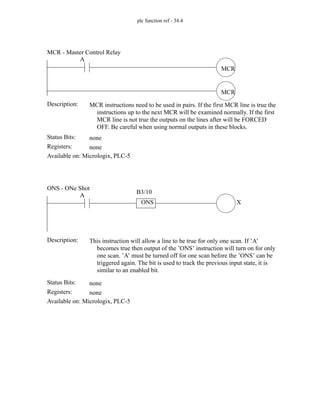 plc function ref - 34.4
Status Bits:
MCR instructions need to be used in pairs. If the first MCR line is true the
instructions up to the next MCR will be examined normally. If the first
MCR line is not true the outputs on the lines after will be FORCED
OFF. Be careful when using normal outputs in these blocks.
Description:
none
Registers: none
Available on: Micrologix, PLC-5
MCR - Master Control Relay
MCR
MCR
A
Status Bits:
This instruction will allow a line to be true for only one scan. If ’A’
becomes true then output of the ’ONS’ instruction will turn on for only
one scan. ’A’ must be turned off for one scan before the ’ONS’ can be
triggered again. The bit is used to track the previous input state, it is
similar to an enabled bit.
Description:
none
Registers: none
Available on: Micrologix, PLC-5
ONS - ONe Shot
X
A
ONS
B3/10
 