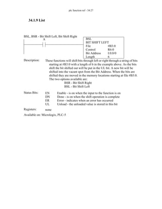 plc function ref - 34.27
34.1.9 List
BSL
BIT SHIFT LEFT
File
Control
Bit Address
Length
#B3:0
R6:0
I:0.0/0
6
A
Status Bits:
These functions will shift bits through left or right through a string of bits
starting at #B3:0 with a length of 6 in the example above. As the bits
shift the bit shifted out will be put in the UL bit. A new bit will be
shifted into the vacant spot from the Bit Address. When the bits are
shifted they are moved in the memory locations starting at file #B3:0.
The two options available are:
BSR - Bit Shift Right
BSL - Bit Shift Left
Description:
EN
DN
ER
UL
Enable - is on when the input to the function is on
Done - is on when the shift operation is complete
Error - indicates when an error has occurred
Unload - the unloaded value is stored in this bit
Registers: none
Available on: Micrologix, PLC-5
BSL, BSR - Bit Shift Left, Bit Shift Right
 