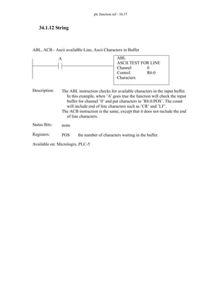 plc function ref - 34.37
34.1.12 String
ABL
ASCII TEST FOR LINE
Channel
Control
Characters
0
R6:0
A
Status Bits:
The ABL instruction checks for available characters in the input buffer.
In this example, when ’A’ goes true the function will check the input
buffer for channel ’0’ and put characters in ’R6:0.POS’. The count
will include end of line characters such as ’CR’ and ’LF’.
The ACB instruction is the same, except that it does not include the end
of line characters.
Description:
none
Registers: POS the number of characters waiting in the buffer.
Available on: Micrologix, PLC-5
ABL, ACB - Ascii availaBle Line, Ascii Characters in Buffer
 