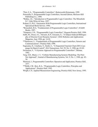 plc references - 36.5
*Parr, E.A., “Programmable Controllers”, Butterworth-Heinemann, 1999.
Petruzella, F., Programmable Logic Controllers, Second Edition, McGraw-Hill
Publishing Co., 1998.
*Ridley, J.E., “Introduction to Programmable Logic Controllers: The Mitsubishi
Fx”, John Wiley & Sons, 1997.
Rohner, P., PLC: Automation With Programmable Logic Controllers, International
Specialized Book Service, 1996.
*Rosandich, R.G., “Fundamentals of Programmable Logic Controllers”, EC&M
Books, 1997.
*Simpson, C.D., “Programmable Logic Controllers”, Regents/Prentice Hall, 1994.
Sobh, M., Owen, J.C., Valvanis, K.P., Gracanin, S., “A Subject-Indexed Bibliogra-
phy of Discrete Event Dynamic Systems”, IEEE Robotics and Applications
Magazine, June 1994, pp. 14-20.
**Stenerson, J., “Fundamentals of Programmable Logic Controllers, Sensors and
Communications”, Prentice Hall, 1998.
Sugiyama, H., Umehara, Y., Smith, E., “A Sequential Function Chart (SFC) Lan-
guage for Batch Control”, ISA Transactions, Vol. 29, No. 2, 1990, pp. 63-69.
Swainston, F., “A Systems Approach to Programmable Controllers”, Delmar,
1992.
Teng, S.H., Black, J. T., “Cellular Manufacturing Systems Modelling: The Petri
Net Approach”, Journal of Manufacturing Systems, Vol. 9, No. 1, 1988, pp. 45-
54.
Warnock, I., Programmable Controllers: Operation and Application, Prentice Hall,
19??.
**Webb, J.W., Reis, R.A., “Programmable Logic Controllers, Principles and
Applications”, Prentice Hall, 1995.
Wright, C.P., Applied Measurement Engineering, Prentice-Hall, New Jersey, 1995.
 