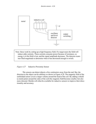 discrete sensors - 4.24
Figure 4.27 Inductive Proximity Sensor
The sensors can detect objects a few centimeters away from the end. But, the
direction to the object can be arbitrary as shown in Figure 4.28. The magnetic field of the
unshielded sensor covers a larger volume around the head of the coil. By adding a shield
(a metal jacket around the sides of the coil) the magnetic field becomes smaller, but also
more directed. Shields will often be available for inductive sensors to improve their direc-
tionality and accuracy.
oscillator
and level
detector
output
switching
inductive coil
metal
+V
Note: these work by setting up a high frequency field. If a target nears the field will
induce eddy currents. These currents consume power because of resistance, so
energy is in the field is lost, and the signal amplitude decreases. The detector exam-
ines filed magnitude to determine when it has decreased enough to switch.
 