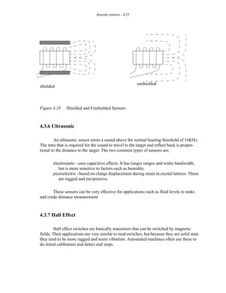 discrete sensors - 4.25
Figure 4.28 Shielded and Unshielded Sensors
4.3.6 Ultrasonic
An ultrasonic sensor emits a sound above the normal hearing threshold of 16KHz.
The time that is required for the sound to travel to the target and reflect back is propor-
tional to the distance to the target. The two common types of sensors are;
electrostatic - uses capacitive effects. It has longer ranges and wider bandwidth,
but is more sensitive to factors such as humidity.
piezoelectric - based on charge displacement during strain in crystal lattices. These
are rugged and inexpensive.
These sensors can be very effective for applications such as fluid levels in tanks
and crude distance measurement.
4.3.7 Hall Effect
Hall effect switches are basically transistors that can be switched by magnetic
fields. Their applications are very similar to reed switches, but because they are solid state
they tend to be more rugged and resist vibration. Automated machines often use these to
do initial calibration and detect end stops.
shielded
unshielded
 