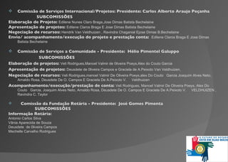 Comissão de Serviço s Internacional/Projetos: Presidente: Carlos Alberto Araujo Peçanha SUBCOMISSÕES Elaboração de Projeto:  Edilene Nunes Claro Braga,Jose Dimas Batista Bechelaine Apresentação de projetos:  Edilene Claros Braga E Jose Dimas Batista Bechelaine Negociação de recursos:  Hendrik Van Veldhuizen , Ravindra Chaganial Ejose Dimas B.Bechelaine Envio/ acompanhamento/execução do projeto e prestação conta:  Edilene Claros Braga E Jose Dimas Batista Bechelaine Comissão de Serviços a Comunidade - Presidente:  H é li o  Pimentel Galupp o SUBCOMISSÕES Elaboração de projetos:  Veli Rodrigues,Manoel Valmir de 0liveira Poeys,Alex do Couto Garcia Apresentação de projetos:  Deusdete de 0liveira Campos e Graciela de A.Peixoto Van Veldhuizen, Negociação de recursos:  Veli Rodrigues,manoel Valmir De Oliveira Poeys,alex Do Couto  Garcia Joaquim Alves Neto, Arnaldo Rosa, Deusdete De O. Campos E Graciela De A.Peixoto V.  Veldhuizen Acompanhamento/execução/prestação de conta:  Veli Rodrigues, Manoel Valmir De Oliveira Poeys, Alex Do Couto  Garcia, Joaquim Alves Neto, Arnaldo Rosa, Deusdete De O. Campos E Graciela De A.Peixoto V.  VELDHUIZEN ,  Ravindra C. Taylor Comissão  da  Fundação Rotária - Presidente:  José Gomes Pimenta SUBCOMISSÕES Informação Rotária:  Antonio Carlos Silva Vânia  Aparecida de Souza Deusdete  de 0liveira Campos Mechelle Carvalho Rodrigues 