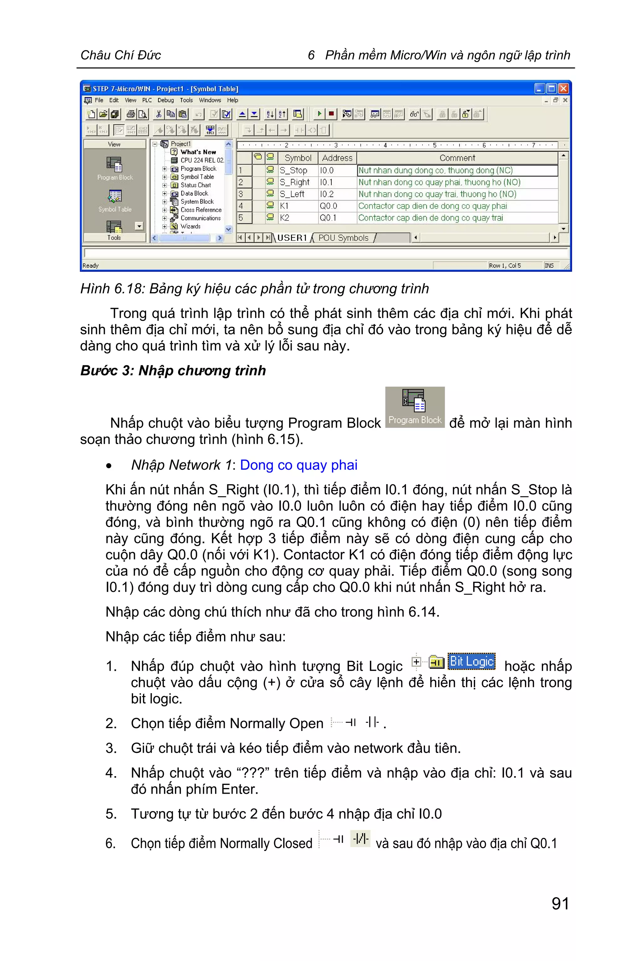 Châu Chí Đức 6 Phần mềm Micro/Win và ngôn ngữ lập trình
91
Hình 6.18: Bảng ký hiệu các phần tử trong chương trình
Trong quá trình lập trình có thể phát sinh thêm các địa chỉ mới. Khi phát
sinh thêm địa chỉ mới, ta nên bổ sung địa chỉ đó vào trong bảng ký hiệu để dễ
dàng cho quá trình tìm và xử lý lỗi sau này.
Bước 3: Nhập chương trình
Nhấp chuột vào biểu tượng Program Block để mở lại màn hình
soạn thảo chương trình (hình 6.15).
· Nhập Network 1: Dong co quay phai
Khi ấn nút nhấn S_Right (I0.1), thì tiếp điểm I0.1 đóng, nút nhấn S_Stop là
thường đóng nên ngõ vào I0.0 luôn luôn có điện hay tiếp điểm I0.0 cũng
đóng, và bình thường ngõ ra Q0.1 cũng không có điện (0) nên tiếp điểm
này cũng đóng. Kết hợp 3 tiếp điểm này sẽ có dòng điện cung cấp cho
cuộn dây Q0.0 (nối với K1). Contactor K1 có điện đóng tiếp điểm động lực
của nó để cấp nguồn cho động cơ quay phải. Tiếp điểm Q0.0 (song song
I0.1) đóng duy trì dòng cung cấp cho Q0.0 khi nút nhấn S_Right hở ra.
Nhập các dòng chú thích như đã cho trong hình 6.14.
Nhập các tiếp điểm như sau:
1. Nhấp đúp chuột vào hình tượng Bit Logic hoặc nhấp
chuột vào dấu cộng (+) ở cửa sổ cây lệnh để hiển thị các lệnh trong
bit logic.
2. Chọn tiếp điểm Normally Open .
3. Giữ chuột trái và kéo tiếp điểm vào network đầu tiên.
4. Nhấp chuột vào “???” trên tiếp điểm và nhập vào địa chỉ: I0.1 và sau
đó nhấn phím Enter.
5. Tương tự từ bước 2 đến bước 4 nhập địa chỉ I0.0
6. Chọn tiếp điểm Normally Closed và sau đó nhập vào địa chỉ Q0.1
 