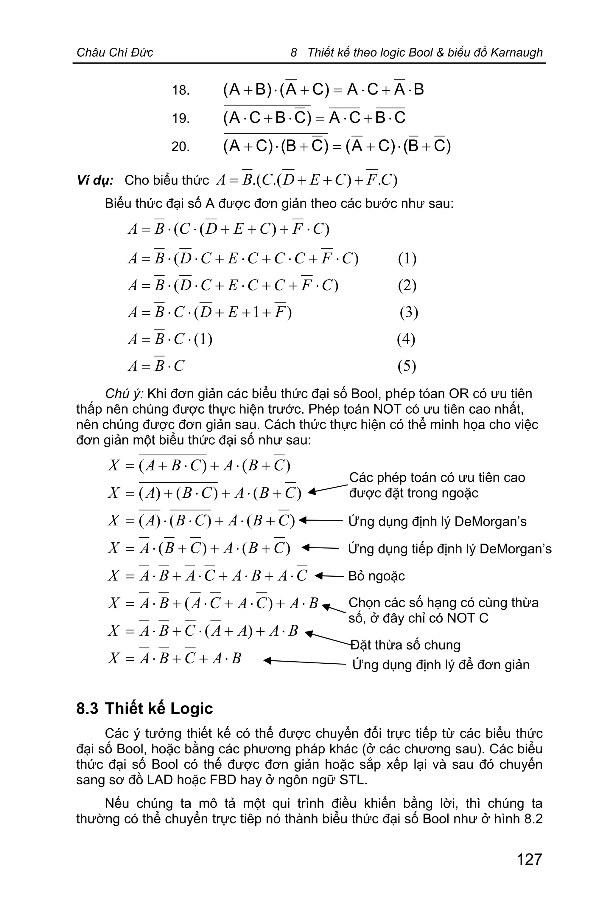 Châu Chí Đức 8 Thiết kế theo logic Bool & biểu đồ Karnaugh
127
18. BACA)CA()BA( ×+×=+×+
19. CBCA)CBCA( ×+×=×+×
20. )CB()CA()CB()CA( +×+=+×+
Ví dụ: Cho biểu thức .( .( ) . )A B C D E C F C= + + +
Biểu thức đại số A được đơn giản theo các bước như sau:
))(( CFCEDCBA ×+++××=
(5)
(4)(1)
(3))1(
(2))(
(1))(
CBA
CBA
FEDCBA
CFCCECDBA
CFCCCECDBA
×=
××=
+++××=
×++×+××=
×+×+×+××=
Chú ý: Khi đơn giản các biểu thức đại số Bool, phép tóan OR có ưu tiên
thấp nên chúng được thực hiện trước. Phép toán NOT có ưu tiên cao nhất,
nên chúng được đơn giản sau. Cách thức thực hiện có thể minh họa cho việc
đơn giản một biểu thức đại số như sau:
BACBAX
BAAACBAX
BACACABAX
CABACABAX
CBACBAX
CBACBAX
CBACBAX
CBACBAX
×++×=
×++×+×=
×+×+×+×=
×+×+×+×=
+×++×=
+×+××=
+×+×+=
+×+×+=
)(
)(
)()(
)()()(
)()()(
)()(
8.3 Thiết kế Logic
Các ý tưởng thiết kế có thể được chuyển đổi trực tiếp từ các biểu thức
đại số Bool, hoặc bằng các phương pháp khác (ở các chương sau). Các biểu
thức đại số Bool có thể được đơn giản hoặc sắp xếp lại và sau đó chuyển
sang sơ đồ LAD hoặc FBD hay ở ngôn ngữ STL.
Nếu chúng ta mô tả một qui trình điều khiển bằng lời, thì chúng ta
thường có thể chuyển trực tiêp nó thành biểu thức đại số Bool như ở hình 8.2
Các phép toán có ưu tiên cao
được đặt trong ngoặc
Ứng dụng định lý DeMorgan’s
Bỏ ngoặc
Chọn các số hạng có cùng thừa
số, ở đây chỉ có NOT C
Đặt thừa số chung
Ứng dụng định lý để đơn giản
Ứng dụng tiếp định lý DeMorgan’s
 
