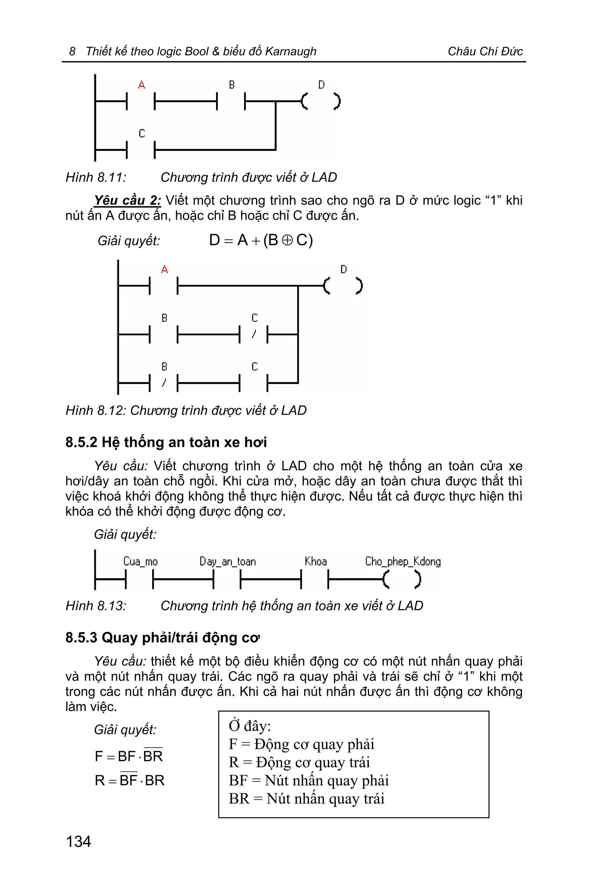 8 Thiết kế theo logic Bool & biểu đồ Karnaugh Châu Chí Đức
134
Hình 8.11: Chương trình được viết ở LAD
Yêu cầu 2: Viết một chương trình sao cho ngõ ra D ở mức logic “1” khi
nút ấn A được ấn, hoặc chỉ B hoặc chỉ C được ấn.
Giải quyết: )CB(AD Å+=
Hình 8.12: Chương trình được viết ở LAD
8.5.2 Hệ thống an toàn xe hơi
Yêu cầu: Viết chương trình ở LAD cho một hệ thống an toàn cửa xe
hơi/dây an toàn chỗ ngồi. Khi cửa mở, hoặc dây an toàn chưa được thắt thì
việc khoá khởi động không thể thực hiện được. Nếu tất cả được thực hiện thì
khóa có thể khởi động được động cơ.
Giải quyết:
Hình 8.13: Chương trình hệ thống an toàn xe viết ở LAD
8.5.3 Quay phải/trái động cơ
Yêu cầu: thiết kế một bộ điều khiển động cơ có một nút nhấn quay phải
và một nút nhấn quay trái. Các ngõ ra quay phải và trái sẽ chỉ ở “1” khi một
trong các nút nhấn được ấn. Khi cả hai nút nhấn được ấn thì động cơ không
làm việc.
Giải quyết:
BRBFR
BRBFF
×=
×=
Ở đây:
F = Động cơ quay phải
R = Động cơ quay trái
BF = Nút nhấn quay phải
BR = Nút nhấn quay trái
 