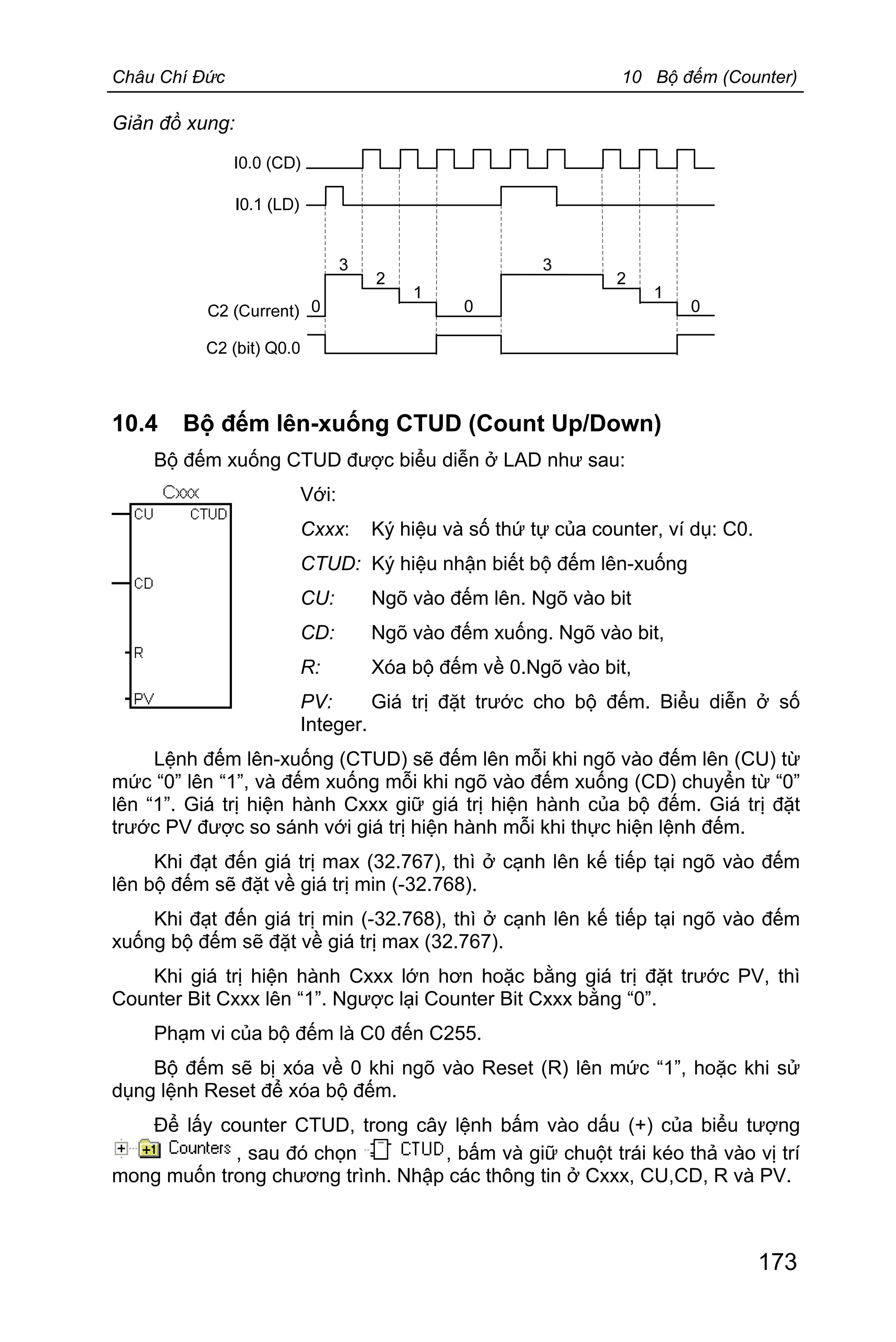 Châu Chí Đức 10 Bộ đếm (Counter)
173
Giản đồ xung:
10.4 Bộ đếm lên-xuống CTUD (Count Up/Down)
Bộ đếm xuống CTUD được biểu diễn ở LAD như sau:
Với:
Cxxx: Ký hiệu và số thứ tự của counter, ví dụ: C0.
CTUD: Ký hiệu nhận biết bộ đếm lên-xuống
CU: Ngõ vào đếm lên. Ngõ vào bit
CD: Ngõ vào đếm xuống. Ngõ vào bit,
R: Xóa bộ đếm về 0.Ngõ vào bit,
PV: Giá trị đặt trước cho bộ đếm. Biểu diễn ở số
Integer.
Lệnh đếm lên-xuống (CTUD) sẽ đếm lên mỗi khi ngõ vào đếm lên (CU) từ
mức “0” lên “1”, và đếm xuống mỗi khi ngõ vào đếm xuống (CD) chuyển từ “0”
lên “1”. Giá trị hiện hành Cxxx giữ giá trị hiện hành của bộ đếm. Giá trị đặt
trước PV được so sánh với giá trị hiện hành mỗi khi thực hiện lệnh đếm.
Khi đạt đến giá trị max (32.767), thì ở cạnh lên kế tiếp tại ngõ vào đếm
lên bộ đếm sẽ đặt về giá trị min (-32.768).
Khi đạt đến giá trị min (-32.768), thì ở cạnh lên kế tiếp tại ngõ vào đếm
xuống bộ đếm sẽ đặt về giá trị max (32.767).
Khi giá trị hiện hành Cxxx lớn hơn hoặc bằng giá trị đặt trước PV, thì
Counter Bit Cxxx lên “1”. Ngược lại Counter Bit Cxxx bằng “0”.
Phạm vi của bộ đếm là C0 đến C255.
Bộ đếm sẽ bị xóa về 0 khi ngõ vào Reset (R) lên mức “1”, hoặc khi sử
dụng lệnh Reset để xóa bộ đếm.
Để lấy counter CTUD, trong cây lệnh bấm vào dấu (+) của biểu tượng
, sau đó chọn , bấm và giữ chuột trái kéo thả vào vị trí
mong muốn trong chương trình. Nhập các thông tin ở Cxxx, CU,CD, R và PV.
 