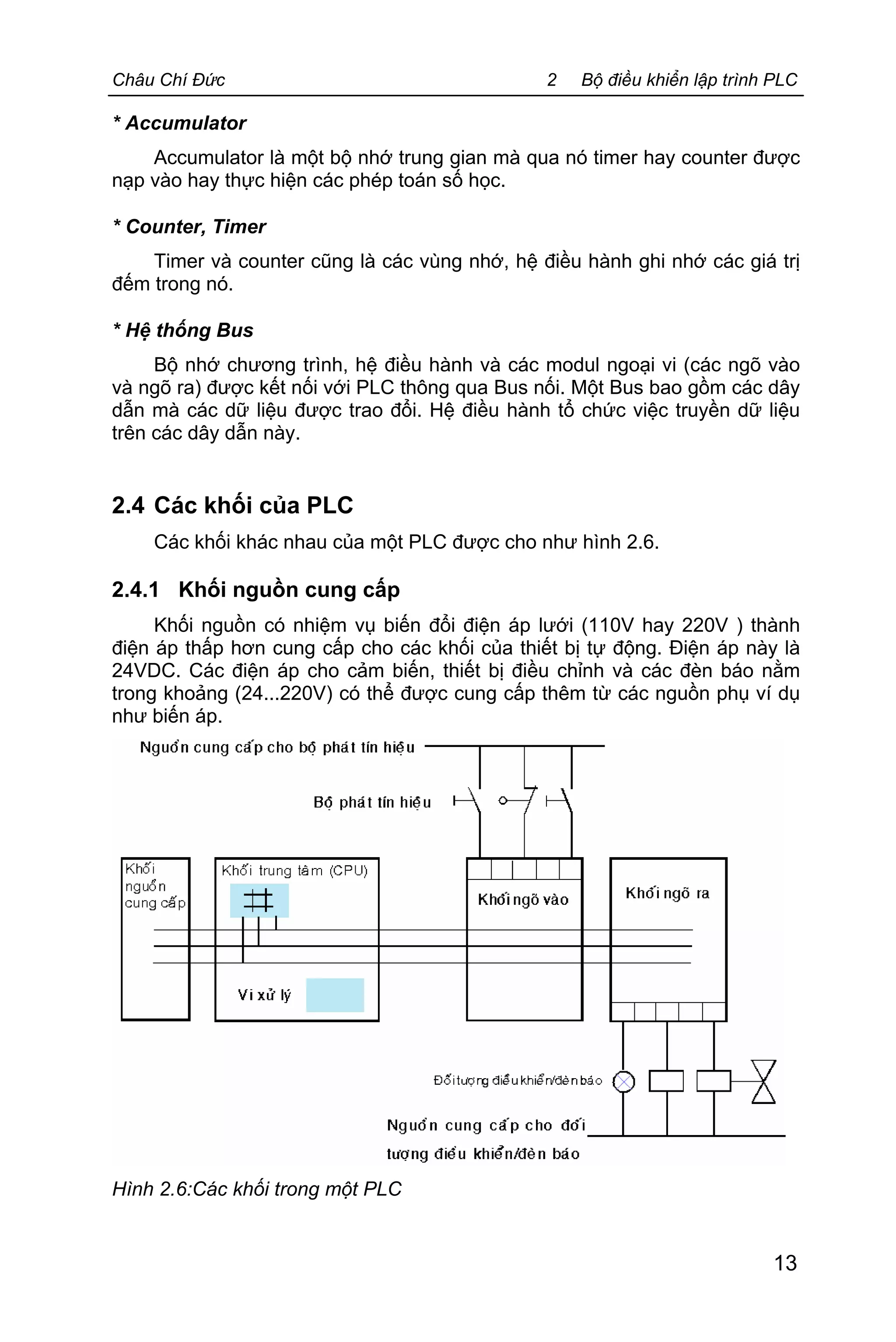 Châu Chí Đức 2 Bộ điều khiển lập trình PLC
13
* Accumulator
Accumulator là một bộ nhớ trung gian mà qua nó timer hay counter được
nạp vào hay thực hiện các phép toán số học.
* Counter, Timer
Timer và counter cũng là các vùng nhớ, hệ điều hành ghi nhớ các giá trị
đếm trong nó.
* Hệ thống Bus
Bộ nhớ chương trình, hệ điều hành và các modul ngoại vi (các ngõ vào
và ngõ ra) được kết nối với PLC thông qua Bus nối. Một Bus bao gồm các dây
dẫn mà các dữ liệu được trao đổi. Hệ điều hành tổ chức việc truyền dữ liệu
trên các dây dẫn này.
2.4 Các khối của PLC
Các khối khác nhau của một PLC được cho như hình 2.6.
2.4.1 Khối nguồn cung cấp
Khối nguồn có nhiệm vụ biến đổi điện áp lưới (110V hay 220V ) thành
điện áp thấp hơn cung cấp cho các khối của thiết bị tự động. Điện áp này là
24VDC. Các điện áp cho cảm biến, thiết bị điều chỉnh và các đèn báo nằm
trong khoảng (24...220V) có thể được cung cấp thêm từ các nguồn phụ ví dụ
như biến áp.
Hình 2.6:Các khối trong một PLC
 