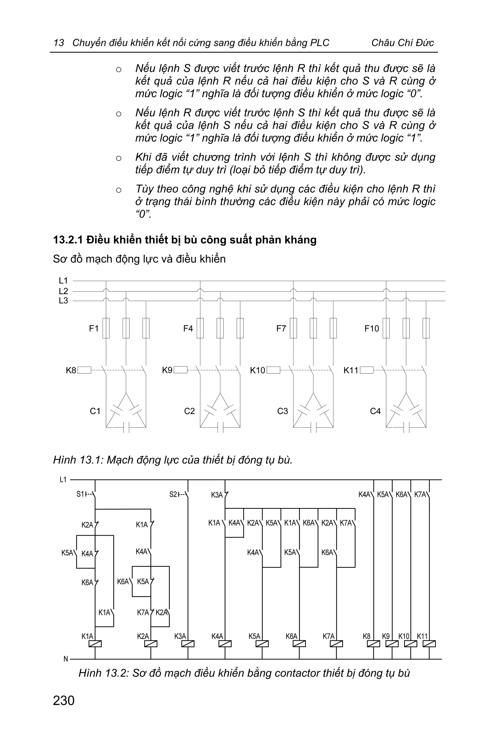 13 Chuyển điều khiển kết nối cứng sang điều khiển bằng PLC Châu Chí Đức
230
o Nếu lệnh S được viết trước lệnh R thì kết quả thu được sẽ là
kết quả của lệnh R nếu cả hai điều kiện cho S và R cùng ở
mức logic “1” nghĩa là đối tượng điều khiển ở mức logic “0”.
o Nếu lệnh R được viết trước lệnh S thì kết quả thu được sẽ là
kết quả của lệnh S nếu cả hai điều kiện cho S và R cùng ở
mức logic “1” nghĩa là đối tượng điều khiển ở mức logic “1”.
o Khi đã viết chương trình với lệnh S thì không được sử dụng
tiếp điểm tự duy trì (loại bỏ tiếp điểm tự duy trì).
o Tùy theo công nghệ khi sử dụng các điều kiện cho lệnh R thì
ở trạng thái bình thường các điều kiện này phải có mức logic
“0”.
13.2.1 Điều khiển thiết bị bù công suất phản kháng
Sơ đồ mạch động lực và điều khiển
Hình 13.1: Mạch động lực của thiết bị đóng tụ bù.
Hình 13.2: Sơ đồ mạch điều khiển bằng contactor thiết bị đóng tụ bù
 