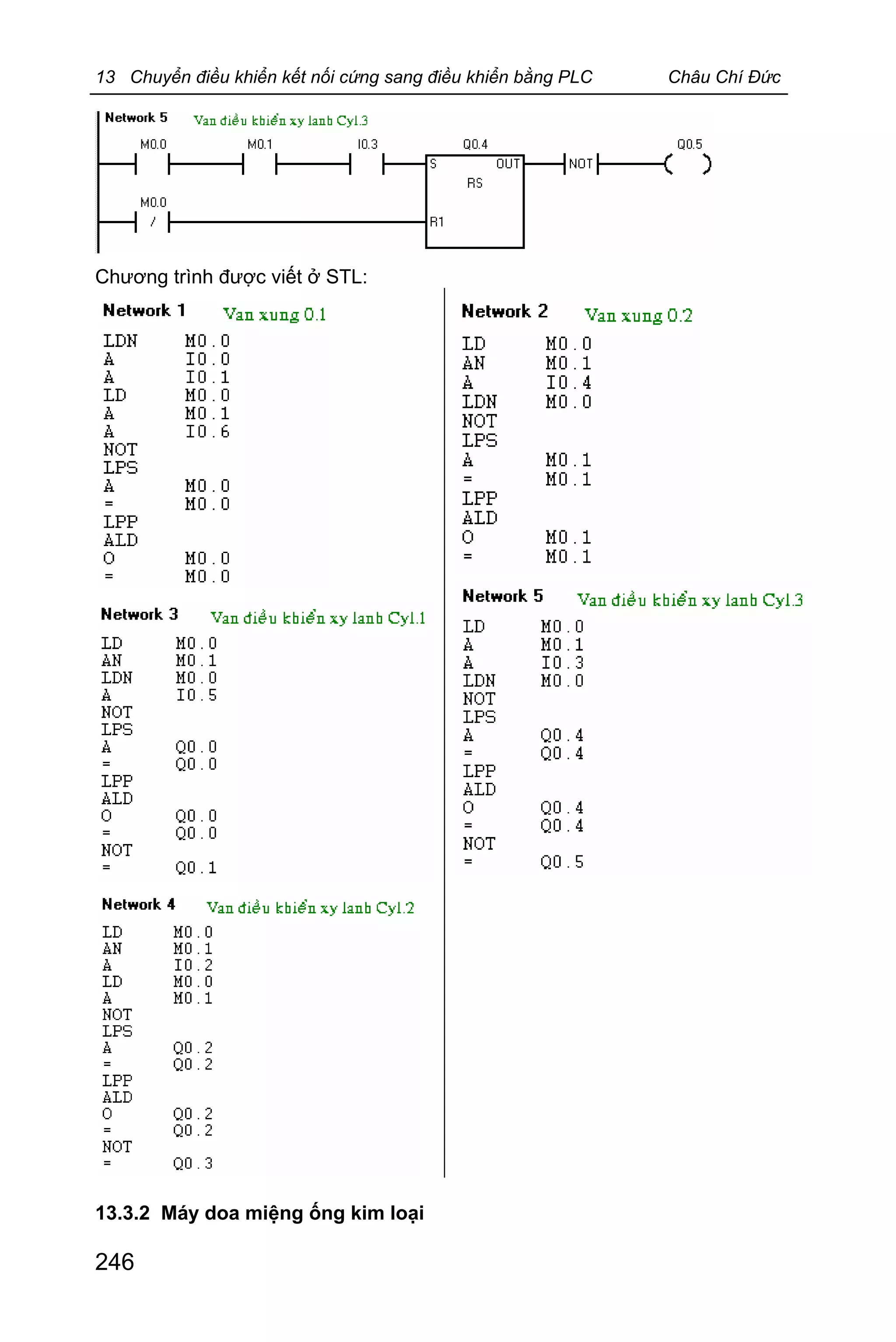 13 Chuyển điều khiển kết nối cứng sang điều khiển bằng PLC Châu Chí Đức
246
Chương trình được viết ở STL:
13.3.2 Máy doa miệng ống kim loại
 