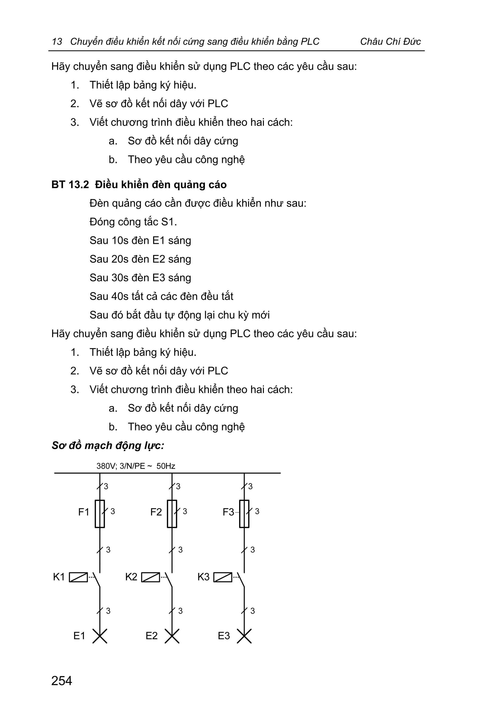 13 Chuyển điều khiển kết nối cứng sang điều khiển bằng PLC Châu Chí Đức
254
Hãy chuyển sang điều khiển sử dụng PLC theo các yêu cầu sau:
1. Thiết lập bảng ký hiệu.
2. Vẽ sơ đồ kết nối dây với PLC
3. Viết chương trình điều khiển theo hai cách:
a. Sơ đồ kết nối dây cứng
b. Theo yêu cầu công nghệ
BT 13.2 Điều khiển đèn quảng cáo
Đèn quảng cáo cần được điều khiển như sau:
Đóng công tắc S1.
Sau 10s đèn E1 sáng
Sau 20s đèn E2 sáng
Sau 30s đèn E3 sáng
Sau 40s tất cả các đèn đều tắt
Sau đó bắt đầu tự động lại chu kỳ mới
Hãy chuyển sang điều khiển sử dụng PLC theo các yêu cầu sau:
1. Thiết lập bảng ký hiệu.
2. Vẽ sơ đồ kết nối dây với PLC
3. Viết chương trình điều khiển theo hai cách:
a. Sơ đồ kết nối dây cứng
b. Theo yêu cầu công nghệ
Sơ đồ mạch động lực:
 