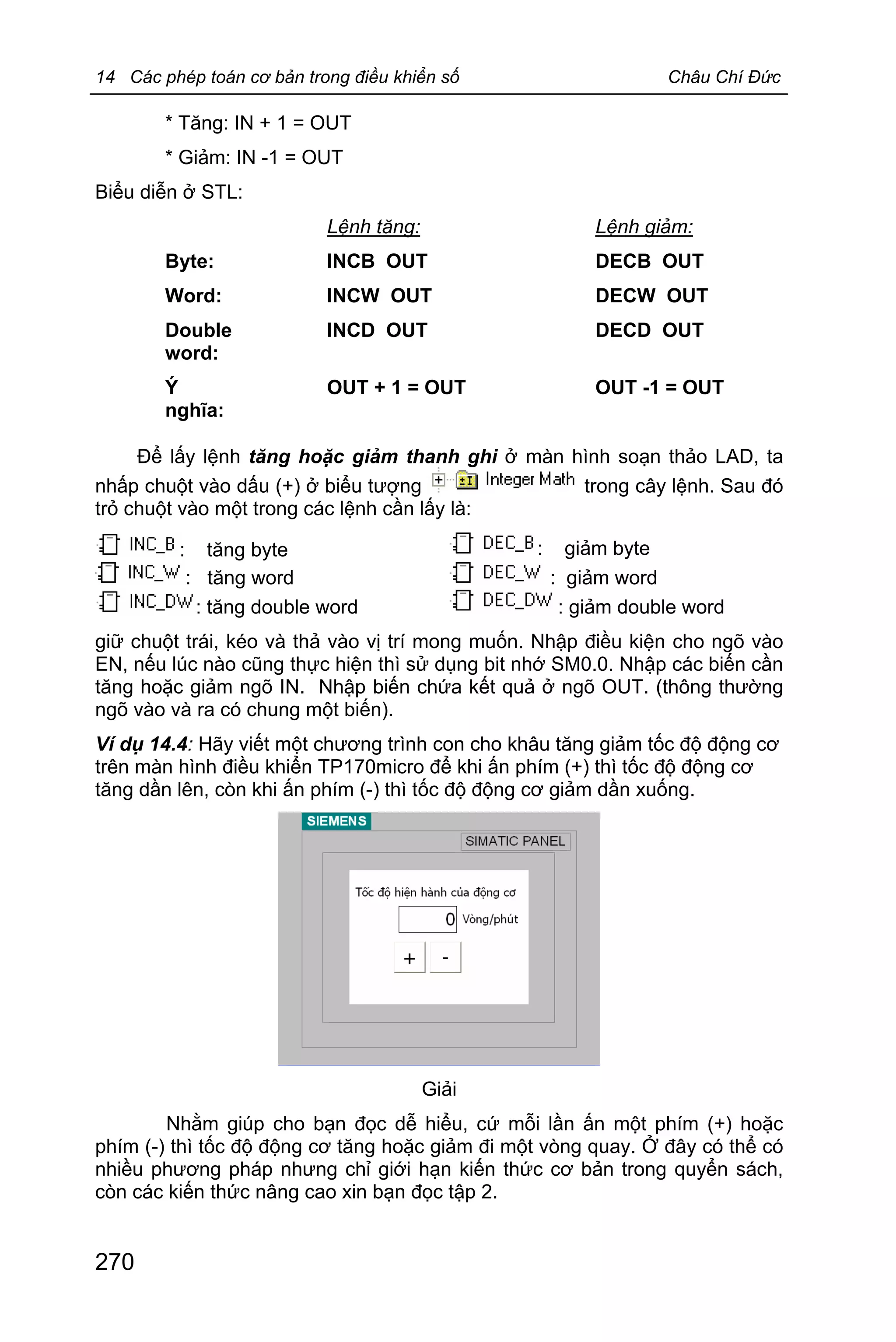 14 Các phép toán cơ bản trong điều khiển số Châu Chí Đức
270
* Tăng: IN + 1 = OUT
* Giảm: IN -1 = OUT
Biểu diễn ở STL:
Lệnh tăng: Lệnh giảm:
Byte:
Word:
Double
word:
INCB OUT
INCW OUT
INCD OUT
DECB OUT
DECW OUT
DECD OUT
Ý
nghĩa:
OUT + 1 = OUT OUT -1 = OUT
Để lấy lệnh tăng hoặc giảm thanh ghi ở màn hình soạn thảo LAD, ta
nhấp chuột vào dấu (+) ở biểu tượng trong cây lệnh. Sau đó
trỏ chuột vào một trong các lệnh cần lấy là:
: tăng byte : giảm byte
: tăng word : giảm word
: tăng double word : giảm double word
giữ chuột trái, kéo và thả vào vị trí mong muốn. Nhập điều kiện cho ngõ vào
EN, nếu lúc nào cũng thực hiện thì sử dụng bit nhớ SM0.0. Nhập các biến cần
tăng hoặc giảm ngõ IN. Nhập biến chứa kết quả ở ngõ OUT. (thông thường
ngõ vào và ra có chung một biến).
Ví dụ 14.4: Hãy viết một chương trình con cho khâu tăng giảm tốc độ động cơ
trên màn hình điều khiển TP170micro để khi ấn phím (+) thì tốc độ động cơ
tăng dần lên, còn khi ấn phím (-) thì tốc độ động cơ giảm dần xuống.
Giải
Nhằm giúp cho bạn đọc dễ hiểu, cứ mỗi lần ấn một phím (+) hoặc
phím (-) thì tốc độ động cơ tăng hoặc giảm đi một vòng quay. Ở đây có thể có
nhiều phương pháp nhưng chỉ giới hạn kiến thức cơ bản trong quyển sách,
còn các kiến thức nâng cao xin bạn đọc tập 2.
 