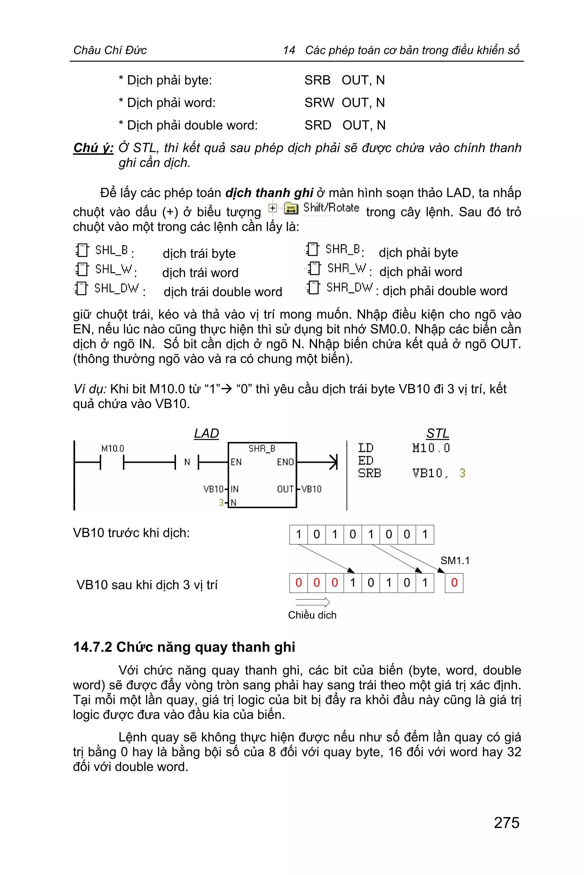 Châu Chí Đức 14 Các phép toán cơ bản trong điều khiển số
275
* Dịch phải byte: SRB OUT, N
* Dịch phải word: SRW OUT, N
* Dịch phải double word: SRD OUT, N
Chú ý: Ở STL, thì kết quả sau phép dịch phải sẽ được chứa vào chính thanh
ghi cần dịch.
Để lấy các phép toán dịch thanh ghi ở màn hình soạn thảo LAD, ta nhấp
chuột vào dấu (+) ở biểu tượng trong cây lệnh. Sau đó trỏ
chuột vào một trong các lệnh cần lấy là:
: dịch trái byte : dịch phải byte
: dịch trái word : dịch phải word
: dịch trái double word : dịch phải double word
giữ chuột trái, kéo và thả vào vị trí mong muốn. Nhập điều kiện cho ngõ vào
EN, nếu lúc nào cũng thực hiện thì sử dụng bit nhớ SM0.0. Nhập các biến cần
dịch ở ngõ IN. Số bit cần dịch ở ngõ N. Nhập biến chứa kết quả ở ngõ OUT.
(thông thường ngõ vào và ra có chung một biến).
Ví dụ: Khi bit M10.0 từ “1”à “0” thì yêu cầu dịch trái byte VB10 đi 3 vị trí, kết
quả chứa vào VB10.
LAD STL
VB10 trước khi dịch:
VB10 sau khi dịch 3 vị trí
14.7.2 Chức năng quay thanh ghi
Với chức năng quay thanh ghi, các bit của biến (byte, word, double
word) sẽ được đẩy vòng tròn sang phải hay sang trái theo một giá trị xác định.
Tại mỗi một lần quay, giá trị logic của bit bị đẩy ra khỏi đầu này cũng là giá trị
logic được đưa vào đầu kia của biến.
Lệnh quay sẽ không thực hiện được nếu như số đếm lần quay có giá
trị bằng 0 hay là bằng bội số của 8 đối với quay byte, 16 đối với word hay 32
đối với double word.
1 0 1 0 1 0 0 1
0 0 0 1 0 1 0 1 0
Chiều dịch
SM1.1
 
