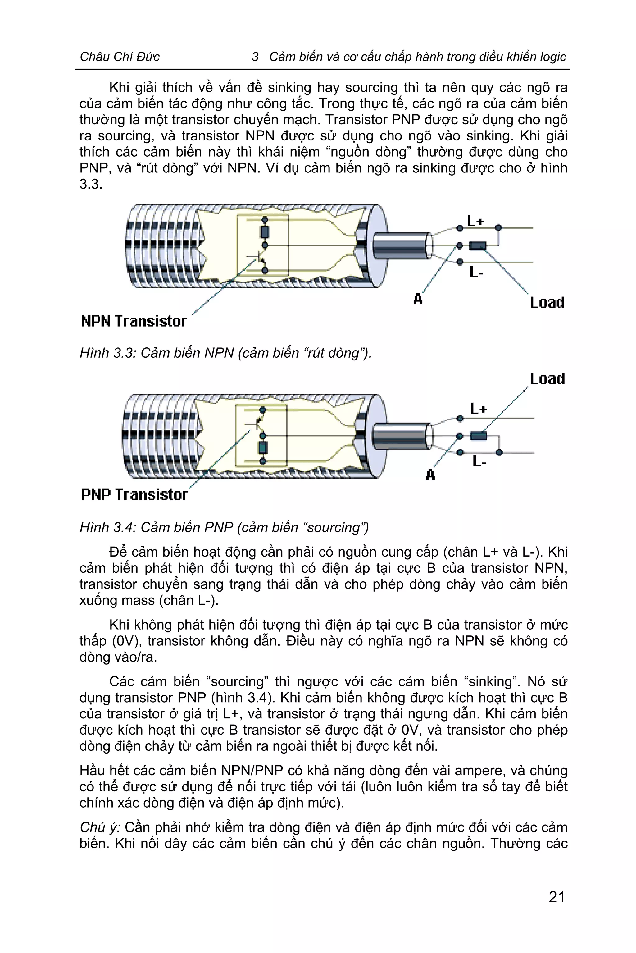 Châu Chí Đức 3 Cảm biến và cơ cấu chấp hành trong điều khiển logic
21
Khi giải thích về vấn đề sinking hay sourcing thì ta nên quy các ngõ ra
của cảm biến tác động như công tắc. Trong thực tế, các ngõ ra của cảm biến
thường là một transistor chuyển mạch. Transistor PNP được sử dụng cho ngõ
ra sourcing, và transistor NPN được sử dụng cho ngõ vào sinking. Khi giải
thích các cảm biến này thì khái niệm “nguồn dòng” thường được dùng cho
PNP, và “rút dòng” với NPN. Ví dụ cảm biến ngõ ra sinking được cho ở hình
3.3.
Hình 3.3: Cảm biến NPN (cảm biến “rút dòng”).
Hình 3.4: Cảm biến PNP (cảm biến “sourcing”)
Để cảm biến hoạt động cần phải có nguồn cung cấp (chân L+ và L-). Khi
cảm biến phát hiện đối tượng thì có điện áp tại cực B của transistor NPN,
transistor chuyển sang trạng thái dẫn và cho phép dòng chảy vào cảm biến
xuống mass (chân L-).
Khi không phát hiện đối tượng thì điện áp tại cực B của transistor ở mức
thấp (0V), transistor không dẫn. Điều này có nghĩa ngõ ra NPN sẽ không có
dòng vào/ra.
Các cảm biến “sourcing” thì ngược với các cảm biến “sinking”. Nó sử
dụng transistor PNP (hình 3.4). Khi cảm biến không được kích hoạt thì cực B
của transistor ở giá trị L+, và transistor ở trạng thái ngưng dẫn. Khi cảm biến
được kích hoạt thì cực B transistor sẽ được đặt ở 0V, và transistor cho phép
dòng điện chảy từ cảm biến ra ngoài thiết bị được kết nối.
Hầu hết các cảm biến NPN/PNP có khả năng dòng đến vài ampere, và chúng
có thể được sử dụng để nối trực tiếp với tải (luôn luôn kiểm tra sổ tay để biết
chính xác dòng điện và điện áp định mức).
Chú ý: Cần phải nhớ kiểm tra dòng điện và điện áp định mức đối với các cảm
biến. Khi nối dây các cảm biến cần chú ý đến các chân nguồn. Thường các
 