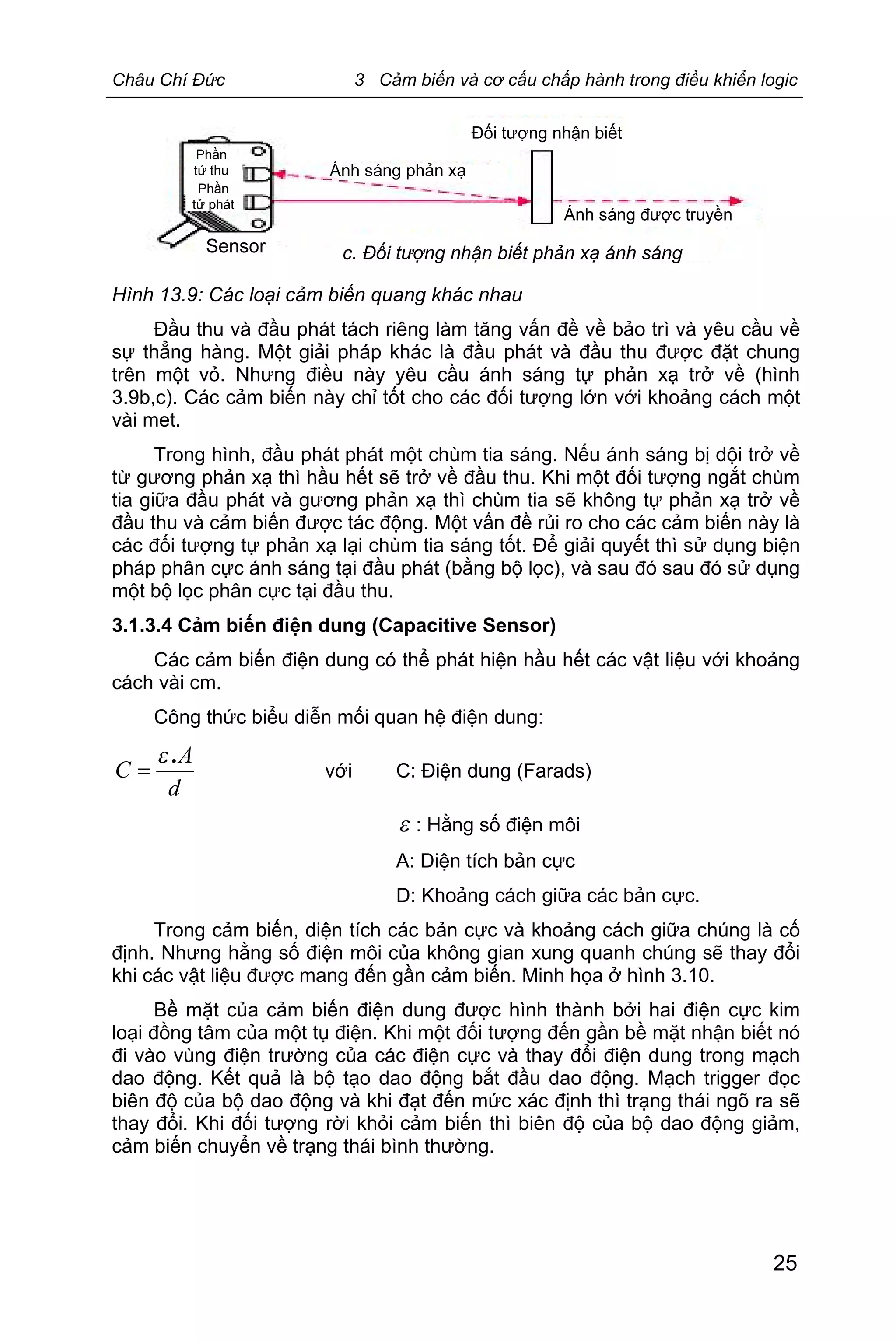 Châu Chí Đức 3 Cảm biến và cơ cấu chấp hành trong điều khiển logic
25
Hình 13.9: Các loại cảm biến quang khác nhau
Đầu thu và đầu phát tách riêng làm tăng vấn đề về bảo trì và yêu cầu về
sự thẳng hàng. Một giải pháp khác là đầu phát và đầu thu được đặt chung
trên một vỏ. Nhưng điều này yêu cầu ánh sáng tự phản xạ trở về (hình
3.9b,c). Các cảm biến này chỉ tốt cho các đối tượng lớn với khoảng cách một
vài met.
Trong hình, đầu phát phát một chùm tia sáng. Nếu ánh sáng bị dội trở về
từ gương phản xạ thì hầu hết sẽ trở về đầu thu. Khi một đối tượng ngắt chùm
tia giữa đầu phát và gương phản xạ thì chùm tia sẽ không tự phản xạ trở về
đầu thu và cảm biến được tác động. Một vấn đề rủi ro cho các cảm biến này là
các đối tượng tự phản xạ lại chùm tia sáng tốt. Để giải quyết thì sử dụng biện
pháp phân cực ánh sáng tại đầu phát (bằng bộ lọc), và sau đó sau đó sử dụng
một bộ lọc phân cực tại đầu thu.
3.1.3.4 Cảm biến điện dung (Capacitive Sensor)
Các cảm biến điện dung có thể phát hiện hầu hết các vật liệu với khoảng
cách vài cm.
Công thức biểu diễn mối quan hệ điện dung:
d
A
C
.e
= với C: Điện dung (Farads)
e : Hằng số điện môi
A: Diện tích bản cực
D: Khoảng cách giữa các bản cực.
Trong cảm biến, diện tích các bản cực và khoảng cách giữa chúng là cố
định. Nhưng hằng số điện môi của không gian xung quanh chúng sẽ thay đổi
khi các vật liệu được mang đến gần cảm biến. Minh họa ở hình 3.10.
Bề mặt của cảm biến điện dung được hình thành bởi hai điện cực kim
loại đồng tâm của một tụ điện. Khi một đối tượng đến gần bề mặt nhận biết nó
đi vào vùng điện trường của các điện cực và thay đổi điện dung trong mạch
dao động. Kết quả là bộ tạo dao động bắt đầu dao động. Mạch trigger đọc
biên độ của bộ dao động và khi đạt đến mức xác định thì trạng thái ngõ ra sẽ
thay đổi. Khi đối tượng rời khỏi cảm biến thì biên độ của bộ dao động giảm,
cảm biến chuyển về trạng thái bình thường.
 