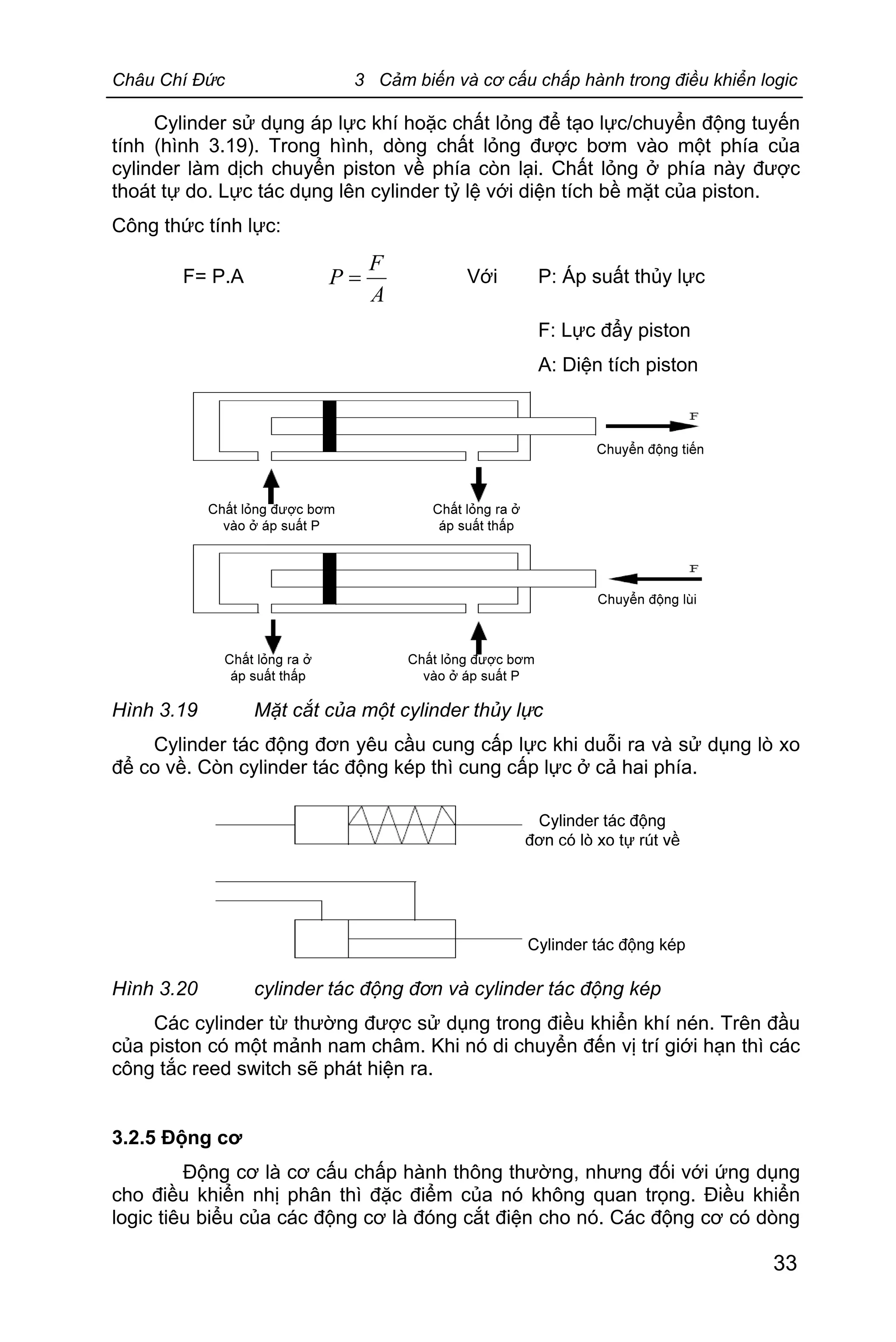 Châu Chí Đức 3 Cảm biến và cơ cấu chấp hành trong điều khiển logic
33
Cylinder sử dụng áp lực khí hoặc chất lỏng để tạo lực/chuyển động tuyến
tính (hình 3.19). Trong hình, dòng chất lỏng được bơm vào một phía của
cylinder làm dịch chuyển piston về phía còn lại. Chất lỏng ở phía này được
thoát tự do. Lực tác dụng lên cylinder tỷ lệ với diện tích bề mặt của piston.
Công thức tính lực:
F= P.A
A
F
P = Với P: Áp suất thủy lực
F: Lực đẩy piston
A: Diện tích piston
Hình 3.19 Mặt cắt của một cylinder thủy lực
Cylinder tác động đơn yêu cầu cung cấp lực khi duỗi ra và sử dụng lò xo
để co về. Còn cylinder tác động kép thì cung cấp lực ở cả hai phía.
Hình 3.20 cylinder tác động đơn và cylinder tác động kép
Các cylinder từ thường được sử dụng trong điều khiển khí nén. Trên đầu
của piston có một mảnh nam châm. Khi nó di chuyển đến vị trí giới hạn thì các
công tắc reed switch sẽ phát hiện ra.
3.2.5 Động cơ
Động cơ là cơ cấu chấp hành thông thường, nhưng đối với ứng dụng
cho điều khiển nhị phân thì đặc điểm của nó không quan trọng. Điều khiển
logic tiêu biểu của các động cơ là đóng cắt điện cho nó. Các động cơ có dòng
 