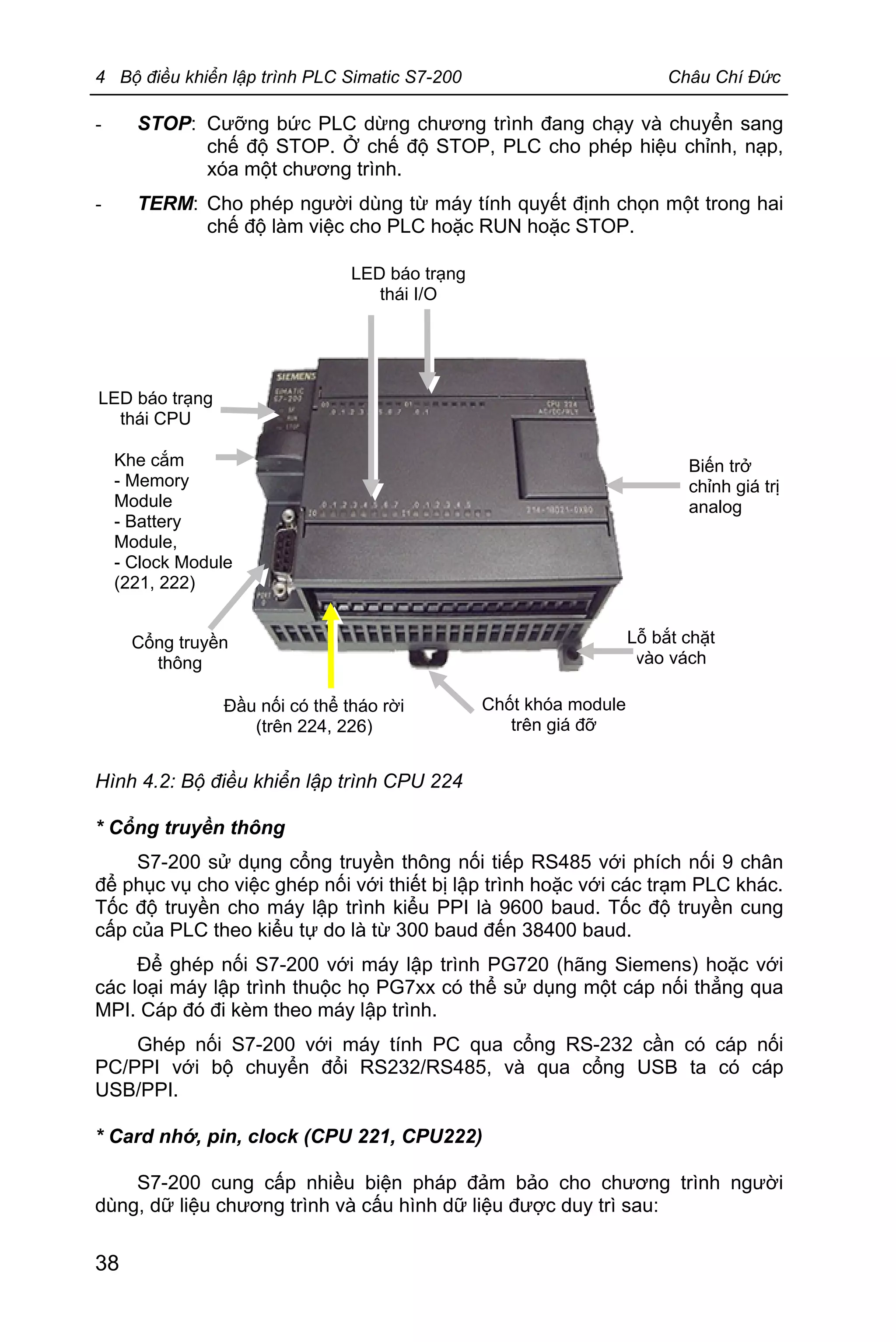 4 Bộ điều khiển lập trình PLC Simatic S7-200 Châu Chí Đức
38
- STOP: Cưỡng bức PLC dừng chương trình đang chạy và chuyển sang
chế độ STOP. Ở chế độ STOP, PLC cho phép hiệu chỉnh, nạp,
xóa một chương trình.
- TERM: Cho phép người dùng từ máy tính quyết định chọn một trong hai
chế độ làm việc cho PLC hoặc RUN hoặc STOP.
Hình 4.2: Bộ điều khiển lập trình CPU 224
* Cổng truyền thông
S7-200 sử dụng cổng truyền thông nối tiếp RS485 với phích nối 9 chân
để phục vụ cho việc ghép nối với thiết bị lập trình hoặc với các trạm PLC khác.
Tốc độ truyền cho máy lập trình kiểu PPI là 9600 baud. Tốc độ truyền cung
cấp của PLC theo kiểu tự do là từ 300 baud đến 38400 baud.
Để ghép nối S7-200 với máy lập trình PG720 (hãng Siemens) hoặc với
các loại máy lập trình thuộc họ PG7xx có thể sử dụng một cáp nối thẳng qua
MPI. Cáp đó đi kèm theo máy lập trình.
Ghép nối S7-200 với máy tính PC qua cổng RS-232 cần có cáp nối
PC/PPI với bộ chuyển đổi RS232/RS485, và qua cổng USB ta có cáp
USB/PPI.
* Card nhớ, pin, clock (CPU 221, CPU222)
S7-200 cung cấp nhiều biện pháp đảm bảo cho chương trình người
dùng, dữ liệu chương trình và cấu hình dữ liệu được duy trì sau:
Khe cắm
- Memory
Module
- Battery
Module,
- Clock Module
(221, 222)
LED báo trạng
thái CPU
Cổng truyền
thông
Đầu nối có thể tháo rời
(trên 224, 226)
Lỗ bắt chặt
vào vách
Biến trở
chỉnh giá trị
analog
LED báo trạng
thái I/O
Chốt khóa module
trên giá đỡ
 