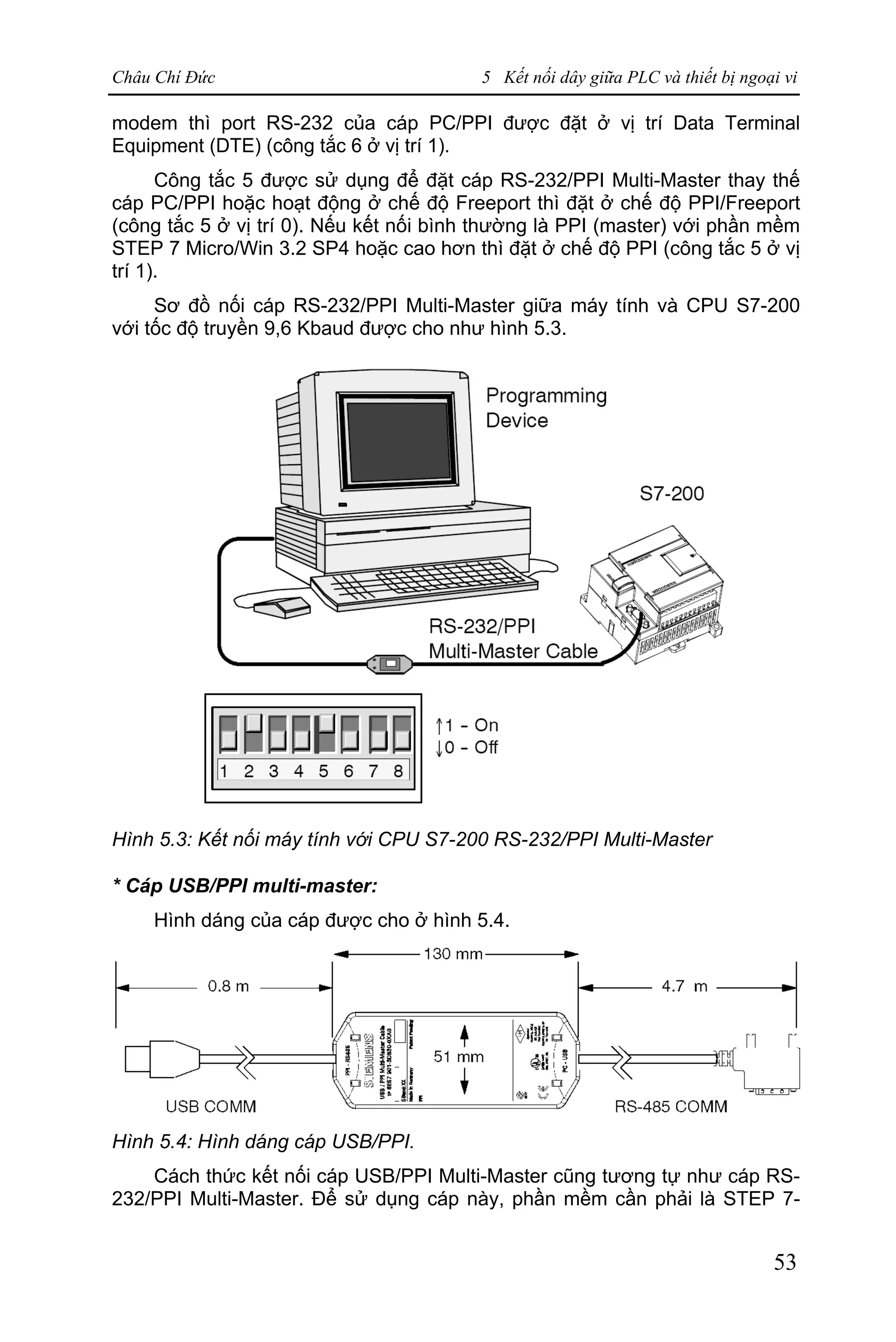 Châu Chí Đức 5 Kết nối dây giữa PLC và thiết bị ngoại vi
53
modem thì port RS-232 của cáp PC/PPI được đặt ở vị trí Data Terminal
Equipment (DTE) (công tắc 6 ở vị trí 1).
Công tắc 5 được sử dụng để đặt cáp RS-232/PPI Multi-Master thay thế
cáp PC/PPI hoặc hoạt động ở chế độ Freeport thì đặt ở chế độ PPI/Freeport
(công tắc 5 ở vị trí 0). Nếu kết nối bình thường là PPI (master) với phần mềm
STEP 7 Micro/Win 3.2 SP4 hoặc cao hơn thì đặt ở chế độ PPI (công tắc 5 ở vị
trí 1).
Sơ đồ nối cáp RS-232/PPI Multi-Master giữa máy tính và CPU S7-200
với tốc độ truyền 9,6 Kbaud được cho như hình 5.3.
Hình 5.3: Kết nối máy tính với CPU S7-200 RS-232/PPI Multi-Master
* Cáp USB/PPI multi-master:
Hình dáng của cáp được cho ở hình 5.4.
Hình 5.4: Hình dáng cáp USB/PPI.
Cách thức kết nối cáp USB/PPI Multi-Master cũng tương tự như cáp RS-
232/PPI Multi-Master. Để sử dụng cáp này, phần mềm cần phải là STEP 7-
 