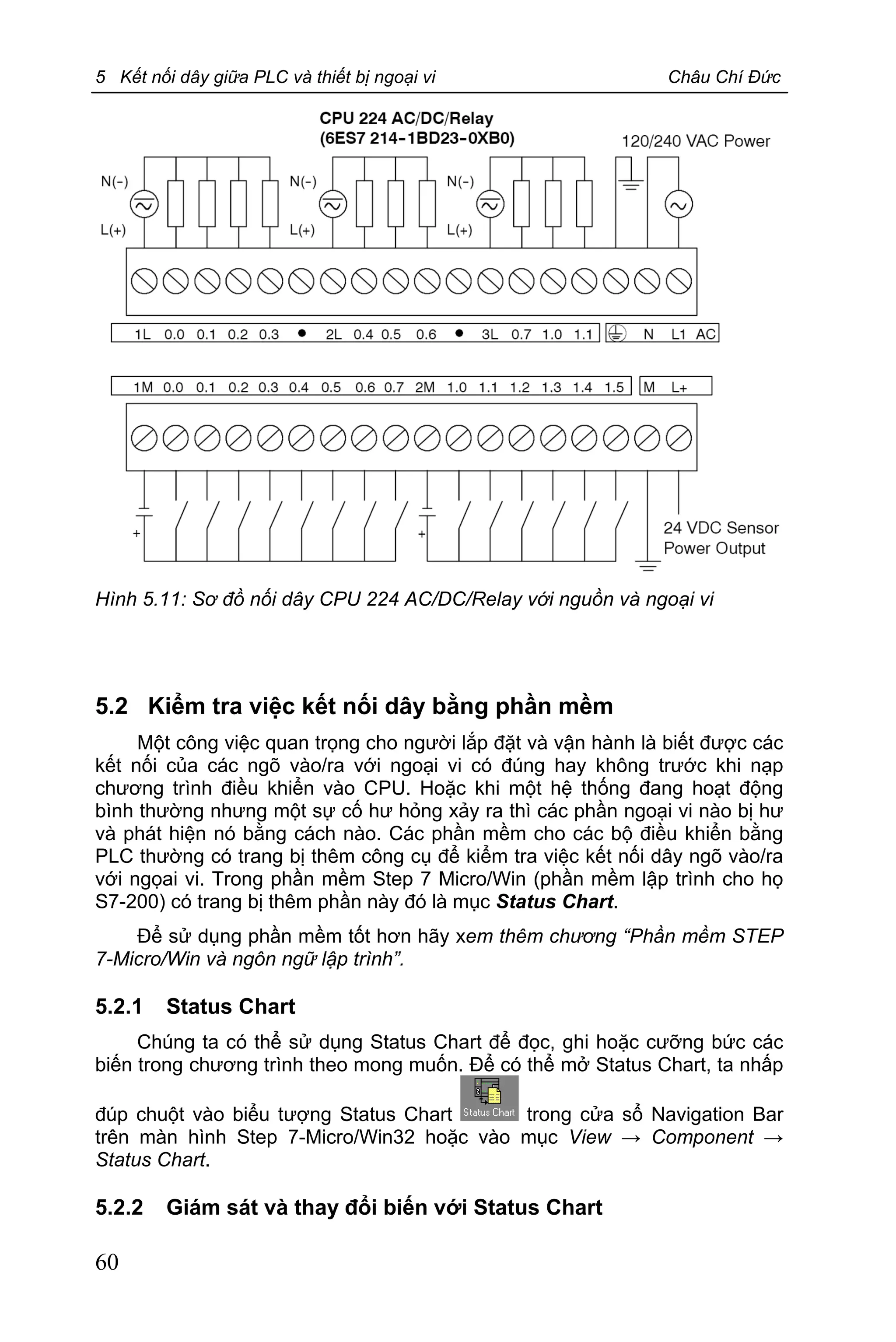 5 Kết nối dây giữa PLC và thiết bị ngoại vi Châu Chí Đức
60
Hình 5.11: Sơ đồ nối dây CPU 224 AC/DC/Relay với nguồn và ngoại vi
5.2 Kiểm tra việc kết nối dây bằng phần mềm
Một công việc quan trọng cho người lắp đặt và vận hành là biết được các
kết nối của các ngõ vào/ra với ngoại vi có đúng hay không trước khi nạp
chương trình điều khiển vào CPU. Hoặc khi một hệ thống đang hoạt động
bình thường nhưng một sự cố hư hỏng xảy ra thì các phần ngoại vi nào bị hư
và phát hiện nó bằng cách nào. Các phần mềm cho các bộ điều khiển bằng
PLC thường có trang bị thêm công cụ để kiểm tra việc kết nối dây ngõ vào/ra
với ngọai vi. Trong phần mềm Step 7 Micro/Win (phần mềm lập trình cho họ
S7-200) có trang bị thêm phần này đó là mục Status Chart.
Để sử dụng phần mềm tốt hơn hãy xem thêm chương “Phần mềm STEP
7-Micro/Win và ngôn ngữ lập trình”.
5.2.1 Status Chart
Chúng ta có thể sử dụng Status Chart để đọc, ghi hoặc cưỡng bức các
biến trong chương trình theo mong muốn. Để có thể mở Status Chart, ta nhấp
đúp chuột vào biểu tượng Status Chart trong cửa sổ Navigation Bar
trên màn hình Step 7-Micro/Win32 hoặc vào mục View → Component →
Status Chart.
5.2.2 Giám sát và thay đổi biến với Status Chart
 