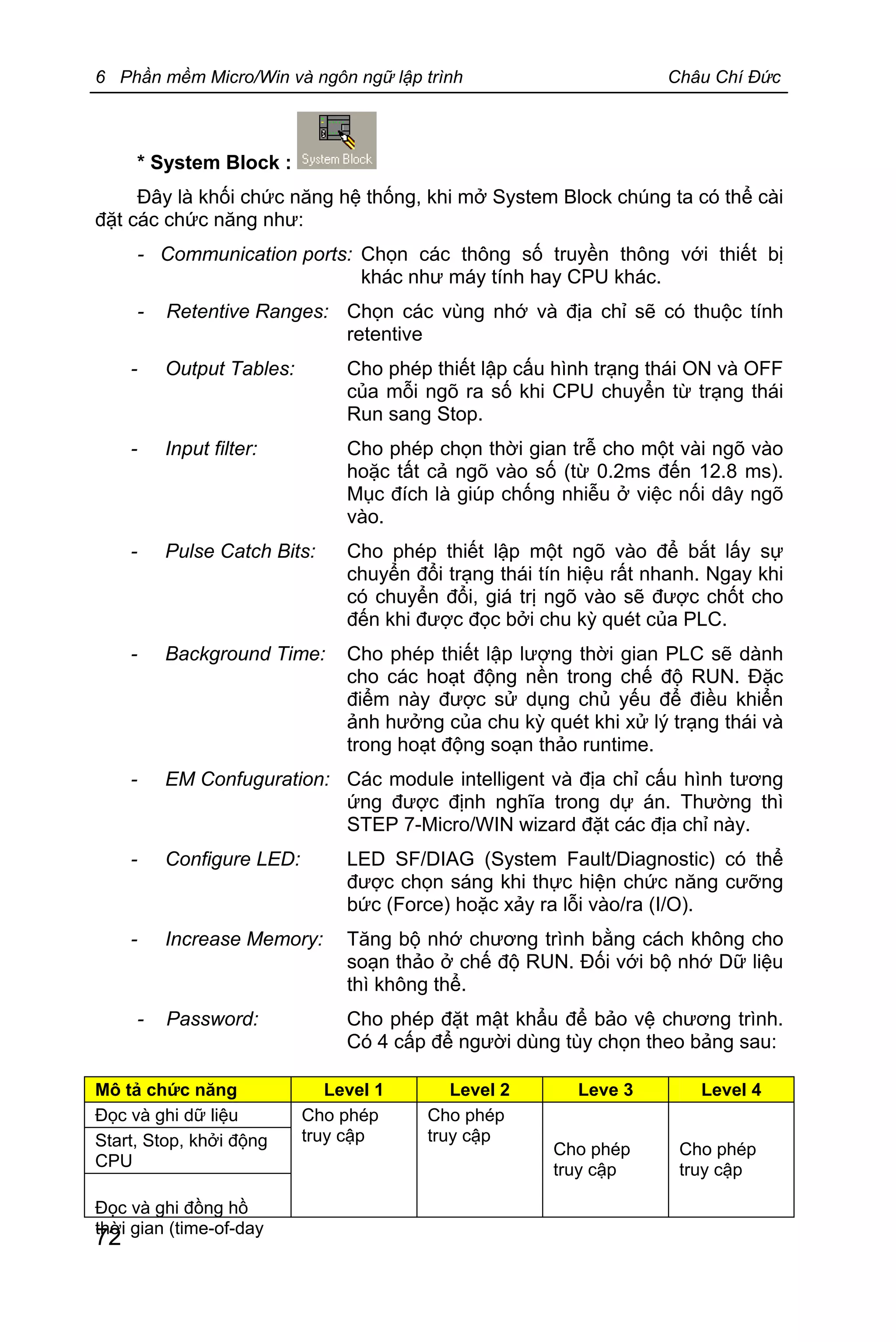 6 Phần mềm Micro/Win và ngôn ngữ lập trình Châu Chí Đức
72
* System Block :
Đây là khối chức năng hệ thống, khi mở System Block chúng ta có thể cài
đặt các chức năng như:
- Communication ports: Chọn các thông số truyền thông với thiết bị
khác như máy tính hay CPU khác.
- Retentive Ranges: Chọn các vùng nhớ và địa chỉ sẽ có thuộc tính
retentive
- Output Tables: Cho phép thiết lập cấu hình trạng thái ON và OFF
của mỗi ngõ ra số khi CPU chuyển từ trạng thái
Run sang Stop.
- Input filter: Cho phép chọn thời gian trễ cho một vài ngõ vào
hoặc tất cả ngõ vào số (từ 0.2ms đến 12.8 ms).
Mục đích là giúp chống nhiễu ở việc nối dây ngõ
vào.
- Pulse Catch Bits: Cho phép thiết lập một ngõ vào để bắt lấy sự
chuyển đổi trạng thái tín hiệu rất nhanh. Ngay khi
có chuyển đổi, giá trị ngõ vào sẽ được chốt cho
đến khi được đọc bởi chu kỳ quét của PLC.
- Background Time: Cho phép thiết lập lượng thời gian PLC sẽ dành
cho các hoạt động nền trong chế độ RUN. Đặc
điểm này được sử dụng chủ yếu để điều khiển
ảnh hưởng của chu kỳ quét khi xử lý trạng thái và
trong hoạt động soạn thảo runtime.
- EM Confuguration: Các module intelligent và địa chỉ cấu hình tương
ứng được định nghĩa trong dự án. Thường thì
STEP 7-Micro/WIN wizard đặt các địa chỉ này.
- Configure LED: LED SF/DIAG (System Fault/Diagnostic) có thể
được chọn sáng khi thực hiện chức năng cưỡng
bức (Force) hoặc xảy ra lỗi vào/ra (I/O).
- Increase Memory: Tăng bộ nhớ chương trình bằng cách không cho
soạn thảo ở chế độ RUN. Đối với bộ nhớ Dữ liệu
thì không thể.
- Password: Cho phép đặt mật khẩu để bảo vệ chương trình.
Có 4 cấp để người dùng tùy chọn theo bảng sau:
Mô tả chức năng Level 1 Level 2 Leve 3 Level 4
Đọc và ghi dữ liệu
Start, Stop, khởi động
CPU
Đọc và ghi đồng hồ
thời gian (time-of-day
Cho phép
truy cập
Cho phép
truy cập
Cho phép
truy cập
Cho phép
truy cập
 