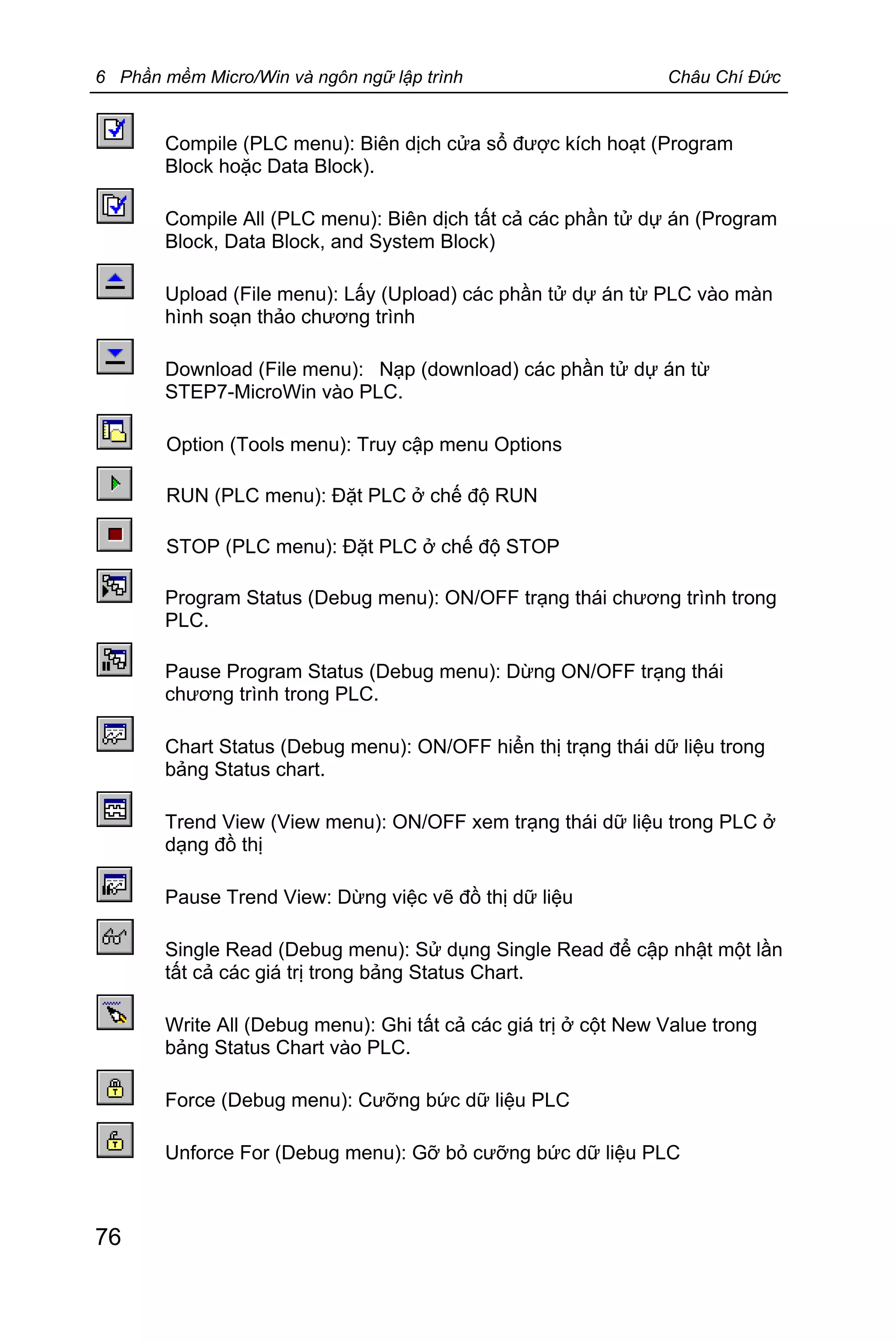6 Phần mềm Micro/Win và ngôn ngữ lập trình Châu Chí Đức
76
Compile (PLC menu): Biên dịch cửa sổ được kích hoạt (Program
Block hoặc Data Block).
Compile All (PLC menu): Biên dịch tất cả các phần tử dự án (Program
Block, Data Block, and System Block)
Upload (File menu): Lấy (Upload) các phần tử dự án từ PLC vào màn
hình soạn thảo chương trình
Download (File menu): Nạp (download) các phần tử dự án từ
STEP7-MicroWin vào PLC.
Option (Tools menu): Truy cập menu Options
RUN (PLC menu): Đặt PLC ở chế độ RUN
STOP (PLC menu): Đặt PLC ở chế độ STOP
Program Status (Debug menu): ON/OFF trạng thái chương trình trong
PLC.
Pause Program Status (Debug menu): Dừng ON/OFF trạng thái
chương trình trong PLC.
Chart Status (Debug menu): ON/OFF hiển thị trạng thái dữ liệu trong
bảng Status chart.
Trend View (View menu): ON/OFF xem trạng thái dữ liệu trong PLC ở
dạng đồ thị
Pause Trend View: Dừng việc vẽ đồ thị dữ liệu
Single Read (Debug menu): Sử dụng Single Read để cập nhật một lần
tất cả các giá trị trong bảng Status Chart.
Write All (Debug menu): Ghi tất cả các giá trị ở cột New Value trong
bảng Status Chart vào PLC.
Force (Debug menu): Cưỡng bức dữ liệu PLC
Unforce For (Debug menu): Gỡ bỏ cưỡng bức dữ liệu PLC
 
