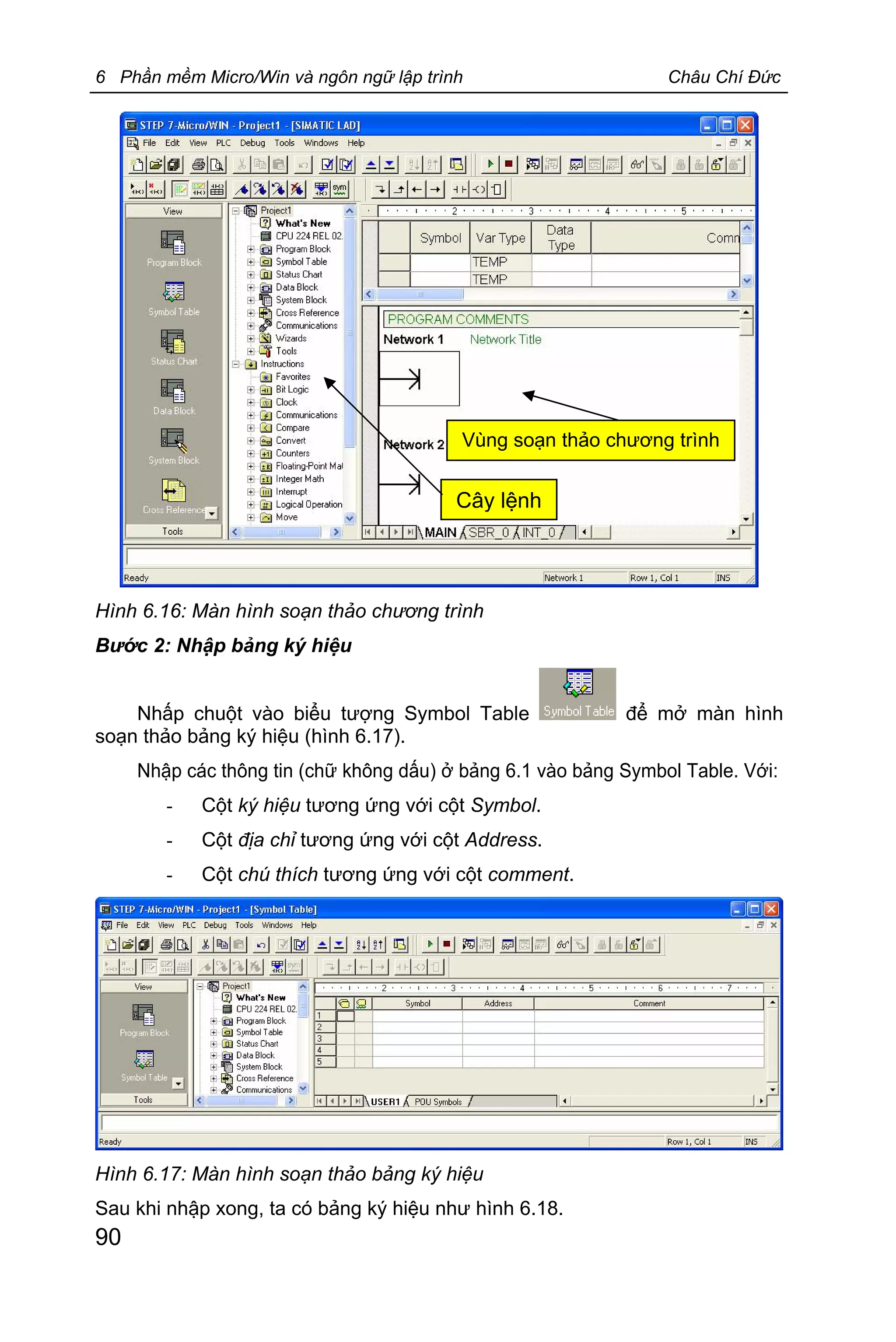 6 Phần mềm Micro/Win và ngôn ngữ lập trình Châu Chí Đức
90
Hình 6.16: Màn hình soạn thảo chương trình
Bước 2: Nhập bảng ký hiệu
Nhấp chuột vào biểu tượng Symbol Table để mở màn hình
soạn thảo bảng ký hiệu (hình 6.17).
Nhập các thông tin (chữ không dấu) ở bảng 6.1 vào bảng Symbol Table. Với:
- Cột ký hiệu tương ứng với cột Symbol.
- Cột địa chỉ tương ứng với cột Address.
- Cột chú thích tương ứng với cột comment.
Hình 6.17: Màn hình soạn thảo bảng ký hiệu
Sau khi nhập xong, ta có bảng ký hiệu như hình 6.18.
Cây lệnh
Vùng soạn thảo chương trình
 