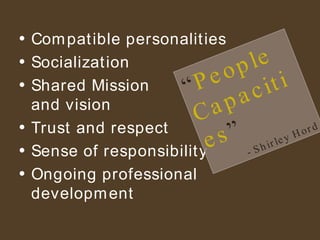 Compatible personalities Socialization Shared Mission  and vision Trust and respect Sense of responsibility Ongoing professional development “ People Capacities ” - Shirley Hord 