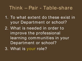Think – Pair - Table-share To what extent do these exist in your Department or school? What is needed in order to improve the professional learning communities in your Department or school? What is  your   role? 
