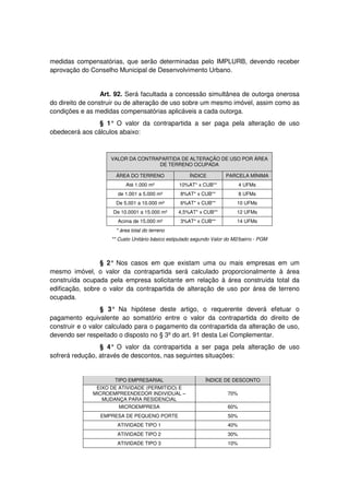 medidas compensatórias, que serão determinadas pelo IMPLURB, devendo receber
aprovação do Conselho Municipal de Desenvolvimento Urbano.
Art. 92. Será facultada a concessão simultânea de outorga onerosa
do direito de construir ou de alteração de uso sobre um mesmo imóvel, assim como as
condições e as medidas compensatórias aplicáveis a cada outorga.
§ 1° O valor da contrapartida a ser paga pela alteração de uso
obedecerá aos cálculos abaixo:
VALOR DA CONTRAPARTIDA DE ALTERAÇÃO DE USO POR ÁREA
DE TERRENO OCUPADA
ÁREA DO TERRENO ÍNDICE PARCELA MÍNIMA
Até 1.000 m² 10%AT* x CUB** 4 UFMs
de 1.001 a 5.000 m² 8%AT* x CUB** 8 UFMs
De 5.001 a 10.000 m² 6%AT* x CUB** 10 UFMs
De 10.0001 a 15.000 m² 4,5%AT* x CUB** 12 UFMs
Acima de 15.000 m² 3%AT* x CUB** 14 UFMs
* área total do terreno
** Custo Unitário básico estipulado segundo Valor do M2/bairro - PGM
§ 2° Nos casos em que existam uma ou mais empresas em um
mesmo imóvel, o valor da contrapartida será calculado proporcionalmente à área
construída ocupada pela empresa solicitante em relação à área construída total da
edificação, sobre o valor da contrapartida de alteração de uso por área de terreno
ocupada.
§ 3° Na hipótese deste artigo, o requerente deverá efetuar o
pagamento equivalente ao somatório entre o valor da contrapartida do direito de
construir e o valor calculado para o pagamento da contrapartida da alteração de uso,
devendo ser respeitado o disposto no § 3º do art. 91 desta Lei Complementar.
§ 4° O valor da contrapartida a ser paga pela alteração de uso
sofrerá redução, através de descontos, nas seguintes situações:
TIPO EMPRESARIAL ÍNDICE DE DESCONTO
EIXO DE ATIVIDADE (PERMITIDO) E
MICROEMPREENDEDOR INDIVIDUAL –
MUDANÇA PARA RESIDENCIAL
70%
MICROEMPRESA 60%
EMPRESA DE PEQUENO PORTE 50%
ATIVIDADE TIPO 1 40%
ATIVIDADE TIPO 2 30%
ATIVIDADE TIPO 3 10%
 