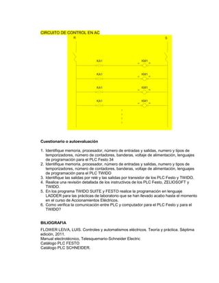 CIRCUITO DE CONTROL EN AC 
R S 
KA1 KM1 
A1 A2 
KA1 KM1 
A1 A2 
KA1 KM1 
A1 A2 
KA1 KM1 
A1 A2 
Cuestionario o autoevaluación 
1. Identifique memoria, procesador, número de entradas y salidas, numero y tipos de 
temporizadores, número de contadores, banderas, voltaje de alimentación, lenguajes 
de programación para el PLC Festo 34 
2. Identifique memoria, procesador, número de entradas y salidas, numero y tipos de 
temporizadores, número de contadores, banderas, voltaje de alimentación, lenguajes 
de programación para el PLC TWIDO 
3. Identifique las salidas por relé y las salidas por transistor de los PLC Festo y TWIDO. 
4. Realice una revisión detallada de los instructivos de los PLC Festo, ZELIOSOFT y 
TWIDO. 
5. En los programa TWIDO SUITE y FESTO realice la programación en lenguaje 
LADDER para las prácticas de laboratorio que se han llevado acabo hasta el momento 
en el curso de Accionamientos Eléctricos. 
6. Como verifica la comunicación entre PLC y computador para el PLC Festo y para el 
TWIDO? 
BILIOGRAFIA 
FLOWER LEIVA, LUIS. Controles y automatismos eléctricos. Teoría y práctica. Séptima 
edición, 2011. 
Manual electrotécnico, Telesquemario-Schneider Electric 
Catálogo PLC FESTO 
Catálogo PLC SCHNEIDER. 
