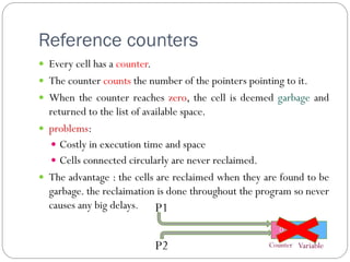 Reference counters
 Every cell has a counter.
 The counter counts the number of the pointers pointing to it.
 When the counter reaches zero, the cell is deemed garbage and
  returned to the list of available space.
 problems:
   Costly in execution time and space
   Cells connected circularly are never reclaimed.
 The advantage : the cells are reclaimed when they are found to be
  garbage. the reclaimation is done throughout the program so never
  causes any big delays. P1

                                                        0
                                                        2
                                                        1
                              P2                     Counter Variable
 