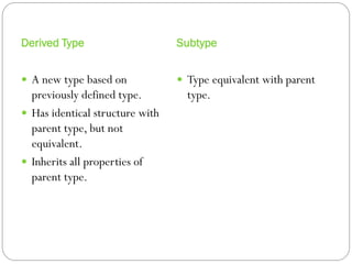 Derived Type                     Subtype


 A new type based on             Type equivalent with parent
  previously defined type.         type.
 Has identical structure with
  parent type, but not
  equivalent.
 Inherits all properties of
  parent type.
 