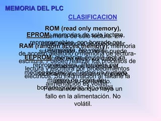 MEMORIA DEL PLC
CLASIFICACION
RAM (random acces memory), memoria
de acceso aleatorio o memoria de lectura-
escritura. Pueden realizar los procesos de
lectura y escritura por procedimientos
eléctricos. Su información al faltarle la
alimentación es volátil.
ROM (read only memory),
memoria de solo lectura. En
estas memorias se puede leer
su contenido, pero no se puede
escribir en ellas; los datos e
instrucciones los graba el
fabricante y el usuario no puede
alterar su contenido.
Permanece aunque haya un
fallo en la alimentación. No
volátil.
EPROM: memorias de solo lectura,
reprogramables, con borrado por
ultravioleta. No volátil.
EEPROM: memorias de solo lectura,
reprogramables, alterables por
medios eléctricos. Tienen un numero
máximo de ciclos de
borrado/grabado. No volátil.
 