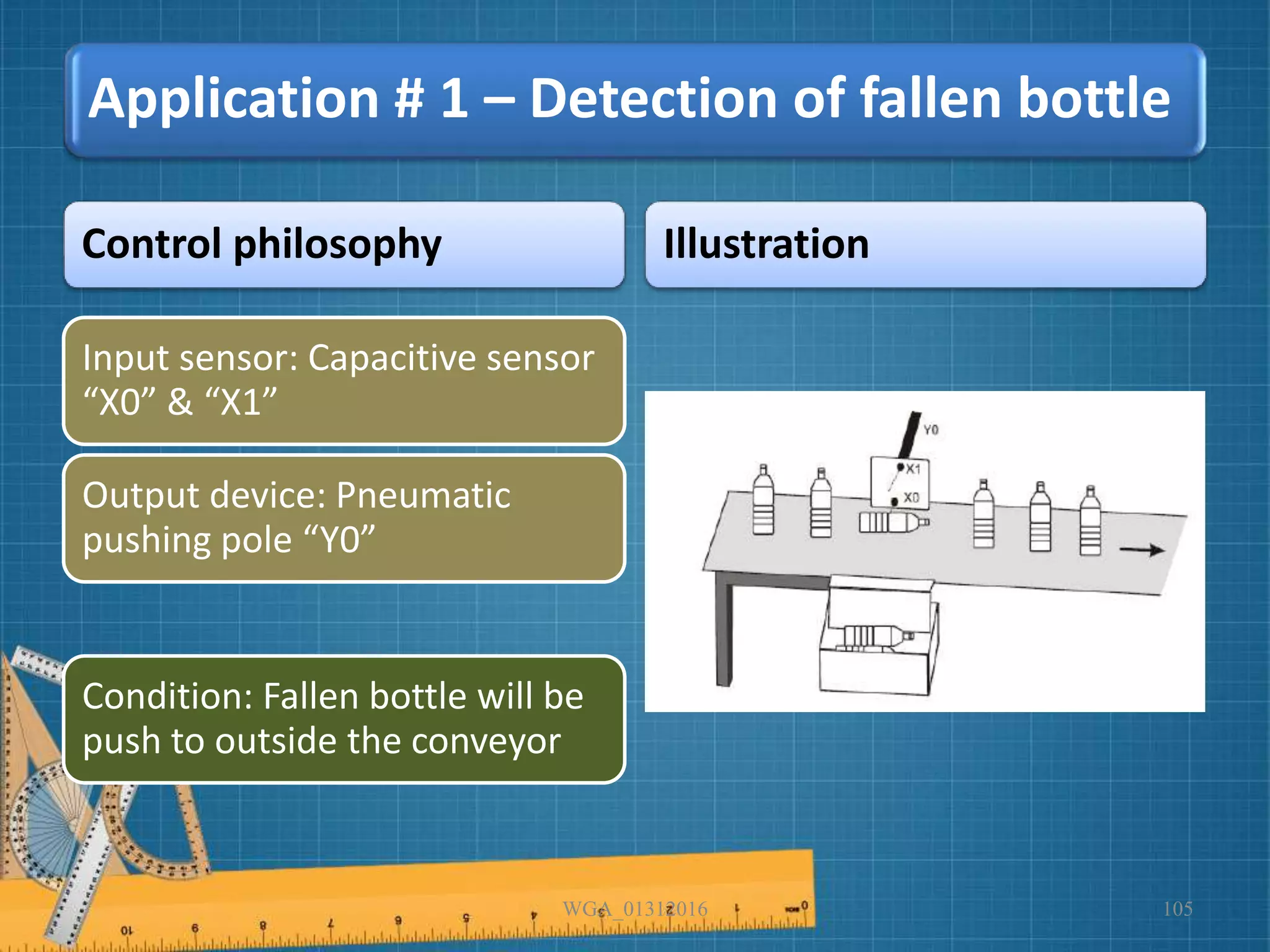 Application # 1 – Detection of fallen bottle
Control philosophy Illustration
WGA_01312016 105
Condition: Fallen bottle will be
push to outside the conveyor
Input sensor: Capacitive sensor
“X0” & “X1”
Output device: Pneumatic
pushing pole “Y0”
 