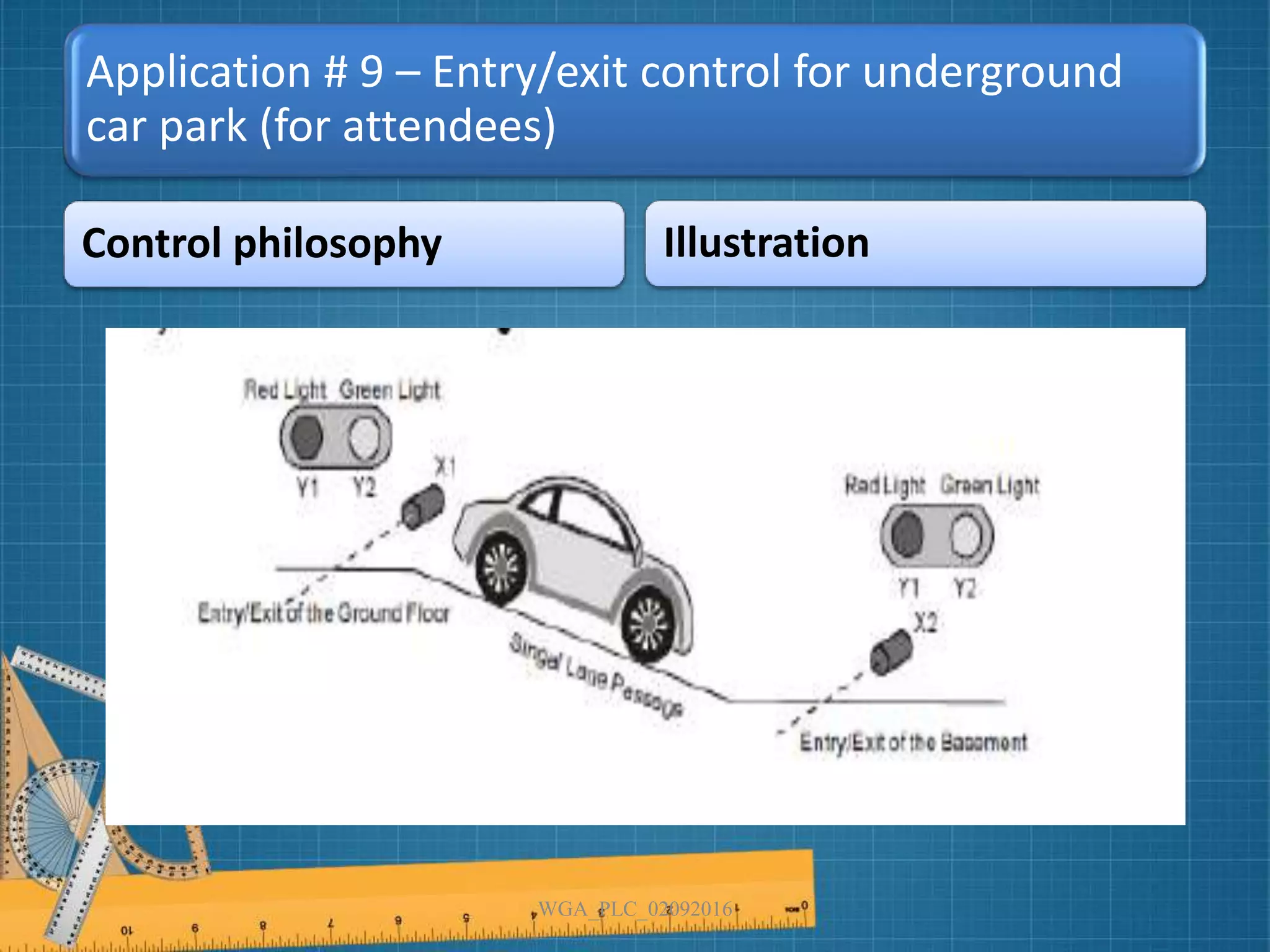 Application # 9 – Entry/exit control for underground
car park (for attendees)
Control philosophy Illustration
WGA_PLC_02092016
 
