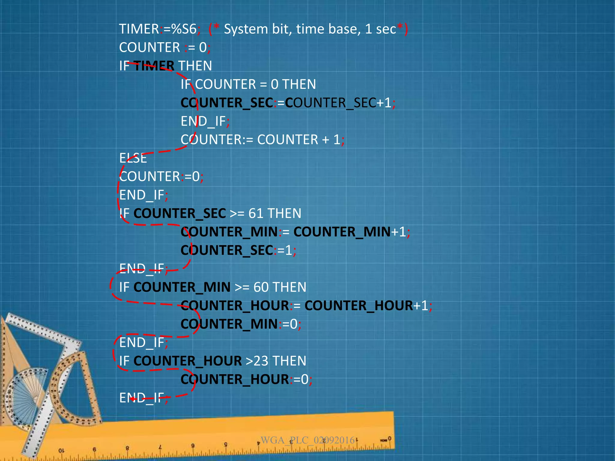 WGA_PLC_02092016
TIMER:=%S6; (* System bit, time base, 1 sec*)
COUNTER := 0;
IF TIMER THEN
IF COUNTER = 0 THEN
COUNTER_SEC:=COUNTER_SEC+1;
END_IF;
COUNTER:= COUNTER + 1;
ELSE
COUNTER:=0;
END_IF;
IF COUNTER_SEC >= 61 THEN
COUNTER_MIN:= COUNTER_MIN+1;
COUNTER_SEC:=1;
END_IF;
IF COUNTER_MIN >= 60 THEN
COUNTER_HOUR:= COUNTER_HOUR+1;
COUNTER_MIN:=0;
END_IF;
IF COUNTER_HOUR >23 THEN
COUNTER_HOUR:=0;
END_IF;
 
