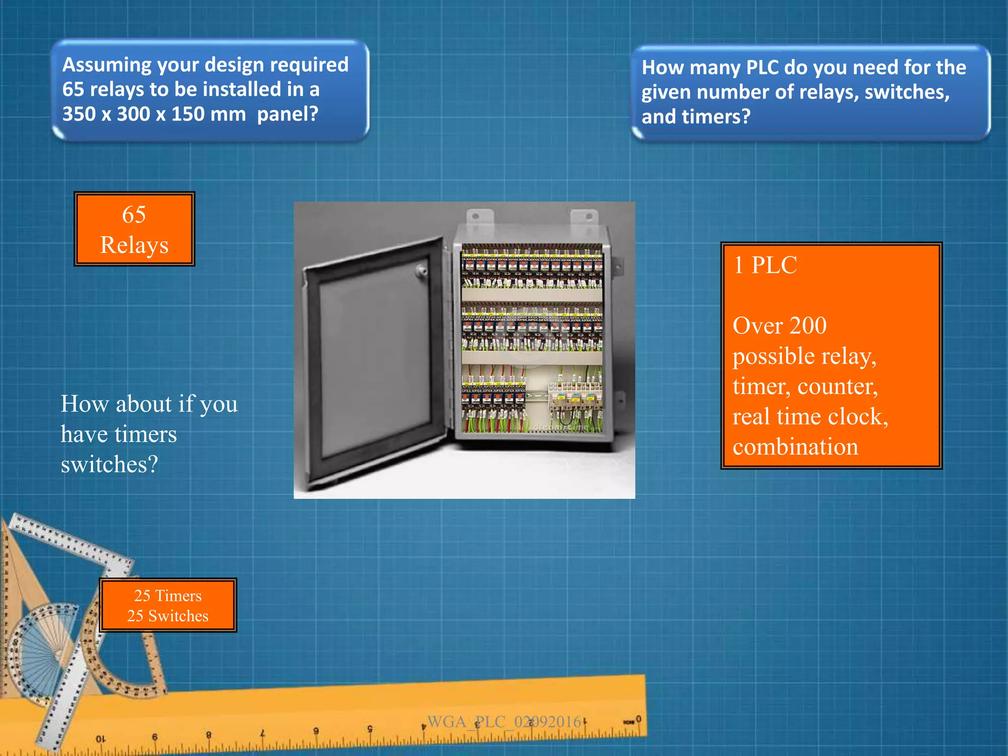 Assuming your design required
65 relays to be installed in a
350 x 300 x 150 mm panel?
1 PLC
Over 200 possible
relay, timer,
counter, real time
clock,
combination
25 Timers
25 Switches
65
Relays
How about if you
have timers
switches?
How many PLC do you need for the
given number of relays, switches,
and timers?
1 PLC
Over 200
possible relay,
timer, counter,
real time clock,
combination
WGA_PLC_02092016
 