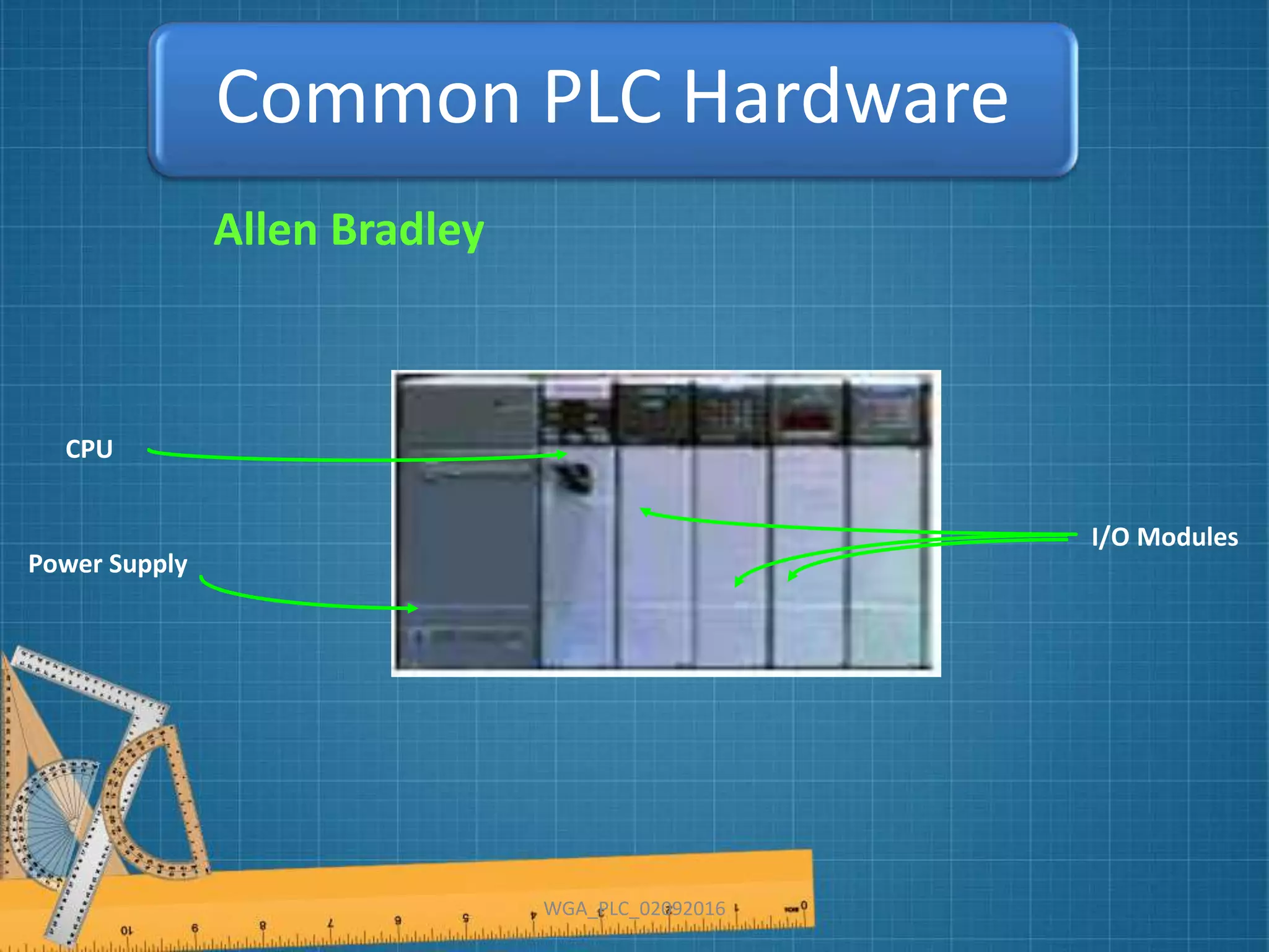 WGA_PLC_02092016
CPU
Allen Bradley
Common PLC Hardware
I/O Modules
Power Supply
 