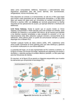 datos como computadores, teléfonos, impresoras y potencialmente otros
dispositivos preparados para ello (como alarmas, aire acondicionado,
refrigeradores, hornos microondas, etc).
Este dispositivo se conecta a un tomacorriente, se vale de un filtro pasa bajas
para limpiar ruidos generados por las aplicaciones domesticas y un filtro pasa
altas que separa los datos para ser convertidos en señales compatibles con
Ethernet o puertos USB. Los módems por enchufe proporcionan la interfaz
requerida por las aplicaciones de usuario, por ejemplo Ethernet o interfaces a/b
telefónicas.
2.4.8 Home Gateway. Existe la opción que el usuario instale un Home
Gateway (Concentrador o HUB colocado cerca del contador de entrada), entre
el Módem de Cabecera y una posible LAN interna, de tal manera que posibilite
a los distintos usuarios conectados a esta compartir la conexión y a la vez
interconectarse entre ellos utilizando cualquier enchufe o tomacorriente de la
edificación, estos últimos serán un puerto de comunicación siempre y cuando
dispongan de un Módem PLC.
También cualquier fuente de datos externa (xDSL, HFC, inalámbrica entre
otros) puede conectarse al home gateway para que este distribuya y gestione
la conexión multiusuario en una misma edificación.
La pasarela del hogar, en el caso representado de PLC extremo a extremo, en
la figura 4.6 tiene una función de bridge, separando los segmentos de acceso y
doméstico, y además puentea el contador eléctrico (también, un filtro paso bajo
para las frecuencias de interés).
En resumen, en la figura 2.8 se aprecia un diagrama esquemático que muestra
los elementos que comprenden la tecnología PLC.

Figura 2.8. Elementos de una Red PLC
16

 