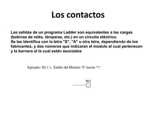 Los contactos
Las salidas de un programa Ladder son equivalentes a las cargas
(bobinas de relés, lámparas, etc.) en un circuito eléctrico.
Se las identifica con la letra "S", "A" u otra letra, dependiendo de los
fabricantes, y dos números que indicaran el modulo al cual pertenecen
y la bornera al la cual están asociados
 