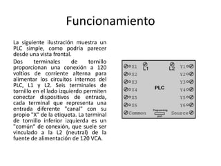 Funcionamiento
La siguiente ilustración muestra un
PLC simple, como podría parecer
desde una vista frontal.
Dos      terminales      de     tornillo
proporcionan una conexión a 120
voltios de corriente alterna para
alimentar los circuitos internos del
PLC, L1 y L2. Seis terminales de
tornillo en el lado izquierdo permiten
conectar dispositivos de entrada,
cada terminal que representa una
entrada diferente "canal" con su
propio "X" de la etiqueta. La terminal
de tornillo inferior izquierda es un
"común“ de conexión, que suele ser
vinculado a la L2 (neutral) de la
fuente de alimentación de 120 VCA.
 
