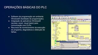 OPERAÇÕES BÁSICAS DO PLC
● Software de programação em ambiente
Windows® (facilidade de programação);
● Integração de aplicativos Windows®
(access, excel, visual basic) para
comunicação com CLPs;
● Recursos de monitoramento da execução
do programa, diagnósticos e detecção de
falhas;
 