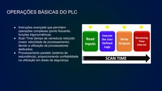 OPERAÇÕES BÁSICAS DO PLC
● Instruções avançada que permitem
operações complexas (ponto flutuante,
funções trigonométricas;
● Scan Time (tempo de varredura) reduzido
(maior velocidade de processamento)
devido a utilização de processadores
dedicados;
● Processamento paralelo (sistema de
redundância), proporcionando confiabilidade
na utilização em áreas de segurança;
 