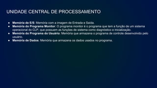 UNIDADE CENTRAL DE PROCESSAMENTO
● Memória de E/S: Memória com a imagem de Entrada e Saída.
● Memória do Programa Monitor: O programa monitor é o programa que tem a função de um sistema
operacional do CLP, que possuem as funções de sistema como diagnóstico e inicialização.
● Memória do Programa do Usuário: Memória que armazena o programa de controle desenvolvido pelo
usuário.
● Memória de Dados: Memória que armazena os dados usados no programa.
 