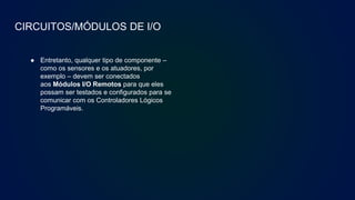 CIRCUITOS/MÓDULOS DE I/O
● Entretanto, qualquer tipo de componente –
como os sensores e os atuadores, por
exemplo – devem ser conectados
aos Módulos I/O Remotos para que eles
possam ser testados e configurados para se
comunicar com os Controladores Lógicos
Programáveis.
 