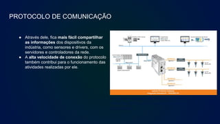 PROTOCOLO DE COMUNICAÇÃO
● Através dele, fica mais fácil compartilhar
as informações dos dispositivos da
indústria, como sensores e drivers, com os
servidores e controladores da rede.
● A alta velocidade de conexão do protocolo
também contribui para o funcionamento das
atividades realizadas por ele.
O gateway epGate PA permite integrar até 4 segmentos
PROFIBUS PA (até 64 devices) a sistemas de controle
EtherNet/IP.
 