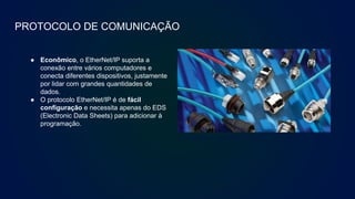 PROTOCOLO DE COMUNICAÇÃO
● Econômico, o EtherNet/IP suporta a
conexão entre vários computadores e
conecta diferentes dispositivos, justamente
por lidar com grandes quantidades de
dados.
● O protocolo EtherNet/IP é de fácil
configuração e necessita apenas do EDS
(Electronic Data Sheets) para adicionar à
programação.
Conectores tipo RJ45 e M12D
 