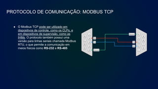 PROTOCOLO DE COMUNICAÇÃO: MODBUS TCP
● O Modbus TCP pode ser utilizado em
dispositivos de controle, como os CLPs, e
em dispositivos de supervisão, como as
IHMs. O protocolo também possui uma
versão para linhas seriais chamada Modbus
RTU, o que permite a comunicação em
meios físicos como RS-232 e RS-485
 