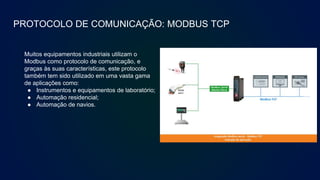 PROTOCOLO DE COMUNICAÇÃO: MODBUS TCP
Muitos equipamentos industriais utilizam o
Modbus como protocolo de comunicação, e
graças às suas características, este protocolo
também tem sido utilizado em uma vasta gama
de aplicações como:
● Instrumentos e equipamentos de laboratório;
● Automação residencial;
● Automação de navios.
 